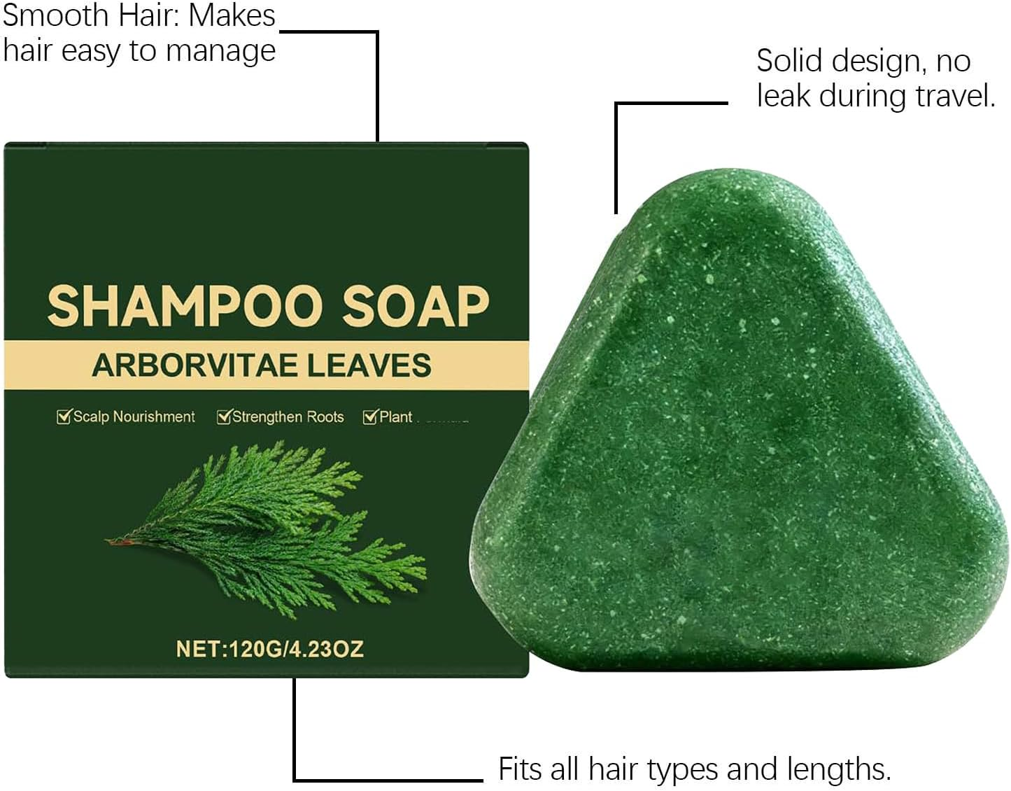 Nature Triangle Shampoo Bar, Plant-Based Solid Shampoo Bar, Control Oiliness, Eliminate Dandruff, Cleansing Soap with Arborvitae Leaves, Shampoo Bars for Thinning Hair Cleansing & Nourishing (1Pcs) - 3Pcs image number 4