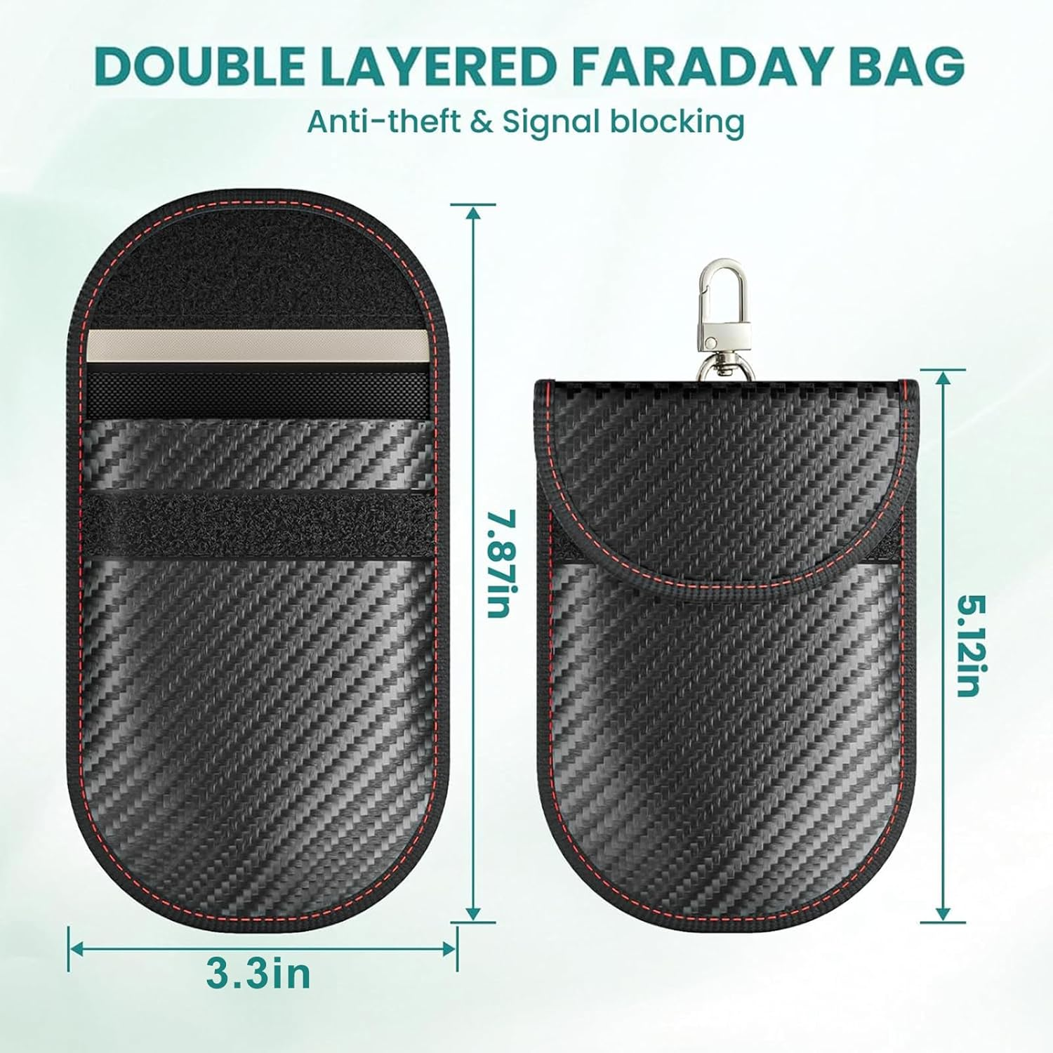 2 Pcs Faraday Case Vertical, Car Key Fob Protector, RFID Vehicle Remote Control anti Theft Hacking Pouch Signal Blocking Cage Bag with Buckle Securing Keyring Hook, Medium image number 4