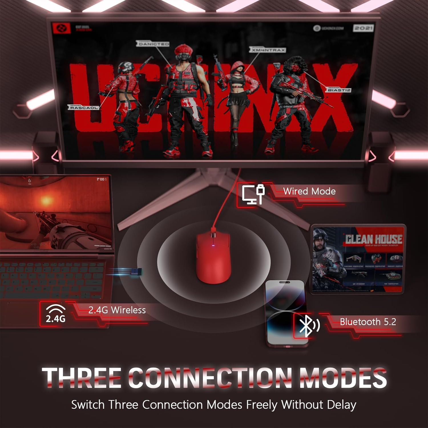 Lexonelec X ATTACK SHARK X11 Wireless Gaming Mouse with RGB Magnetic Charging Dock, Pixart PAW3311 Sensor, Lightweight 59G Tri-Mode Gaming Mouse, Wired/2.4G/Bt, up to 22K DPI for Pc/Mac-Red