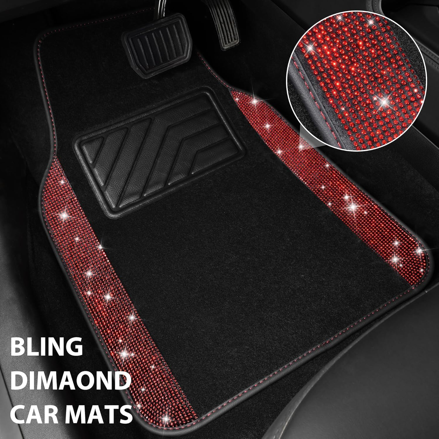 Flying Banner Bling Diamond Car Floor Mats, Shining Rhinestone Carpet Sparkly Glitter Crystal with Anti-Slip PVC Heel Pad Waterproof Universal Fit Automotive Suv,Sedan,Van,Cute Girl Women (Red)