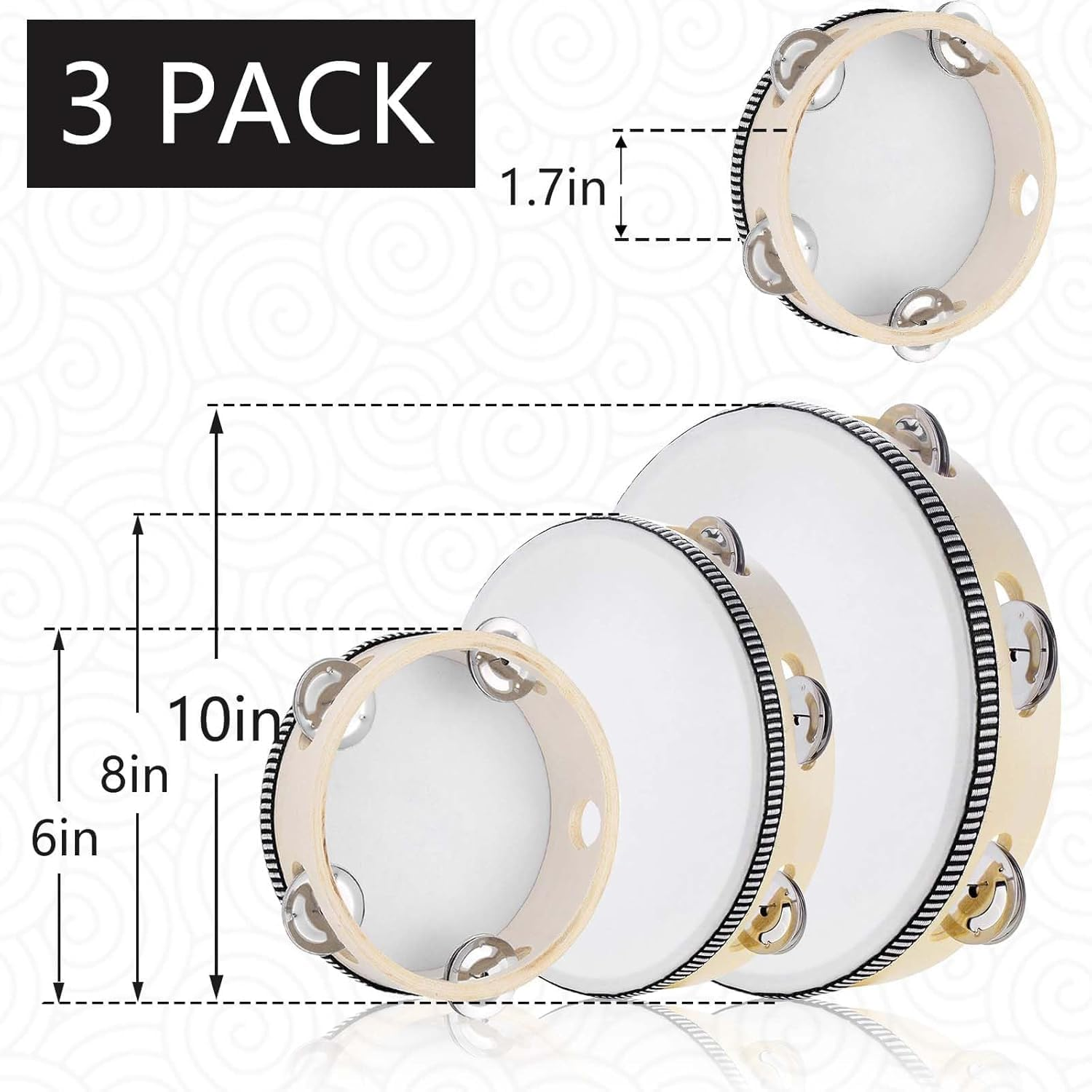 3 Packs Tamborines 6&rdquo;8&rdquo;10&rdquo;Tambourine for Adults Wooden Tambourines Drum Percussion, Tambourine Gift Musical Educational Metal Jingles Church KTV Party Music Therapy image number 3