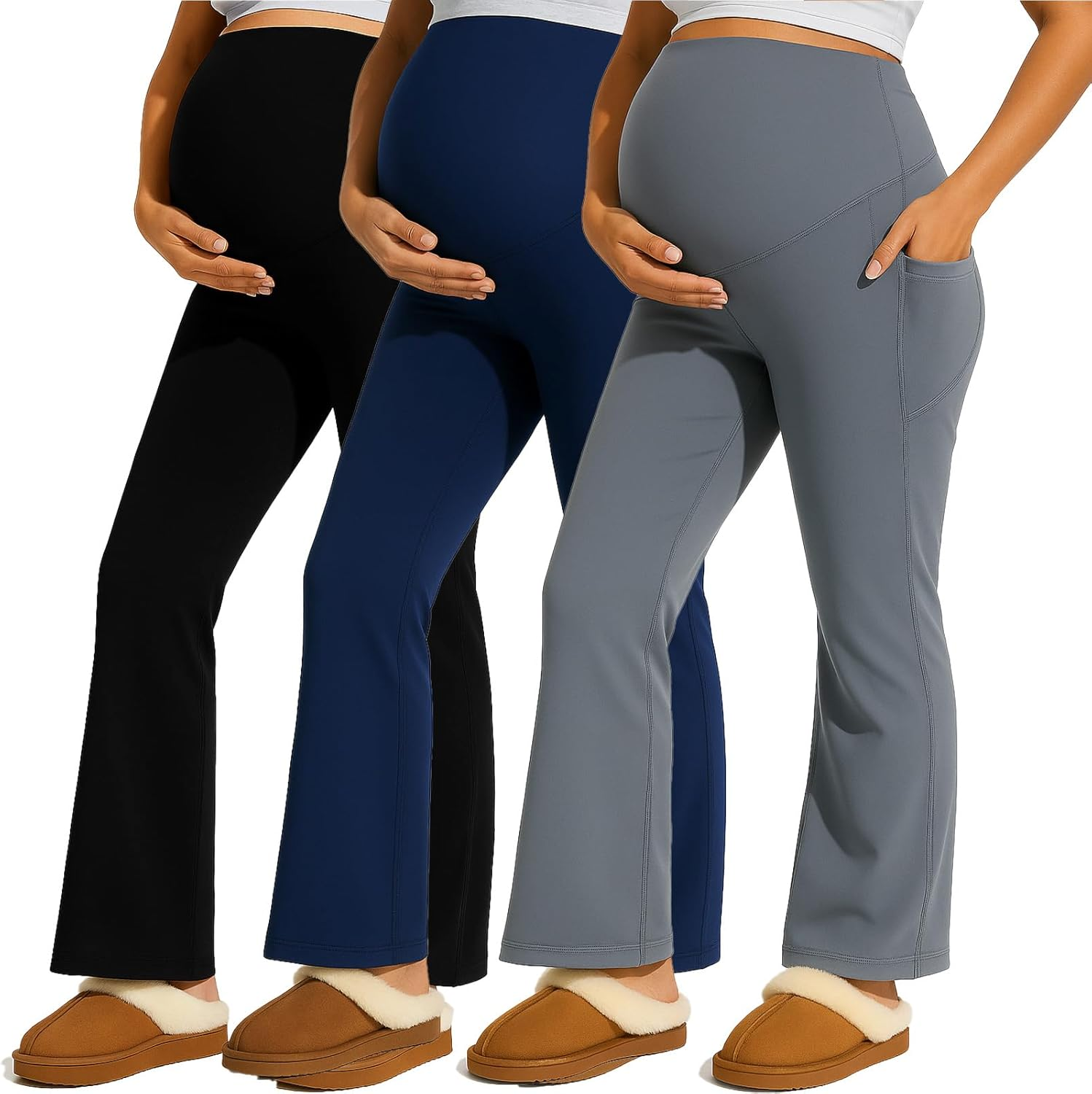 Coume 3 Pack Maternity Pants for Women Stretchy Pregnancy Flare Leggings with Pockets over the Belly Work Bootcut Yoga Pants