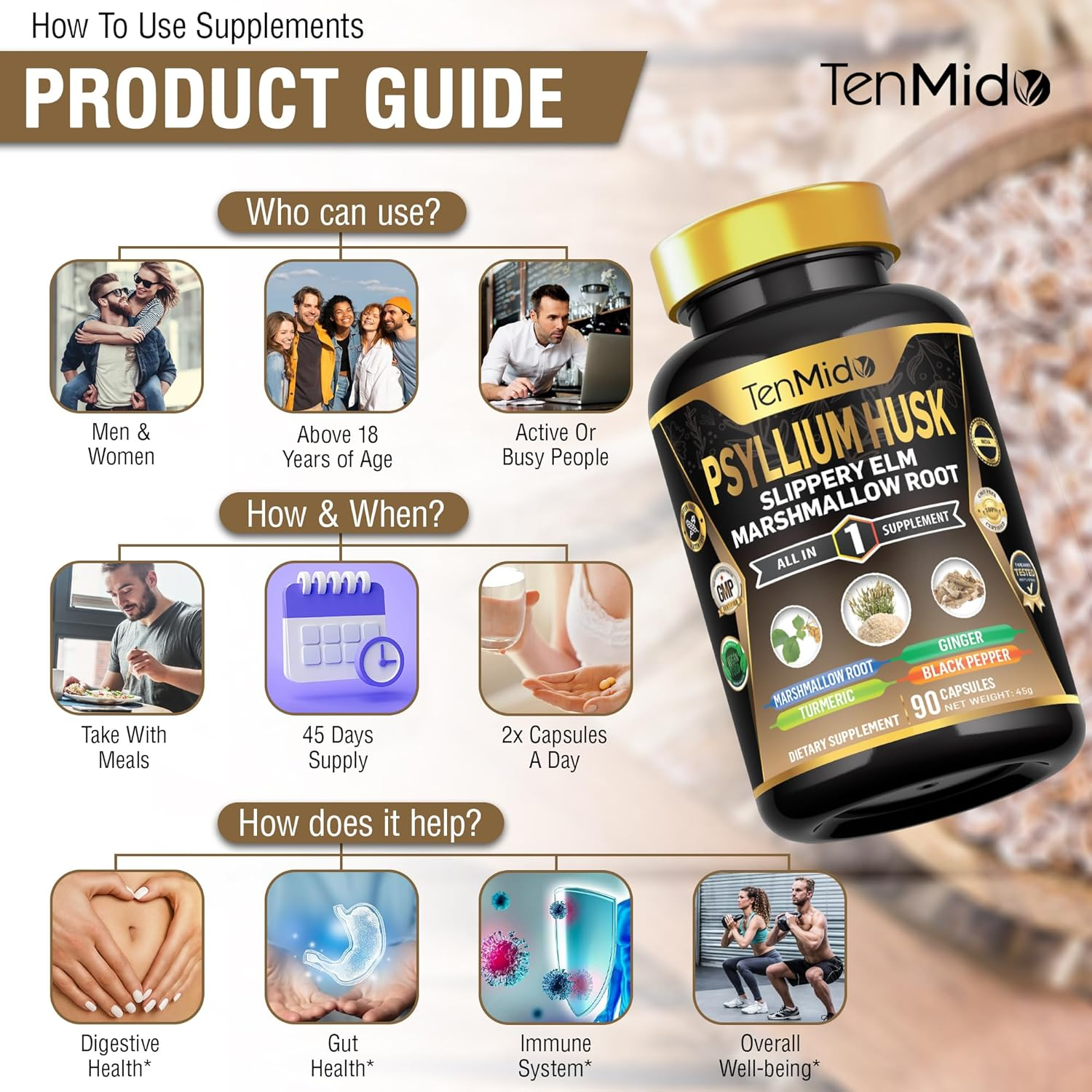 Tenmido Psyllium Husk Supplements - 6In1 with Slippery Elm, Marshmallow Root, Turmeric, Ginger & Black Pepper - Digestive Health - 90 Vegan & Non-Gmo Capsules image number 4