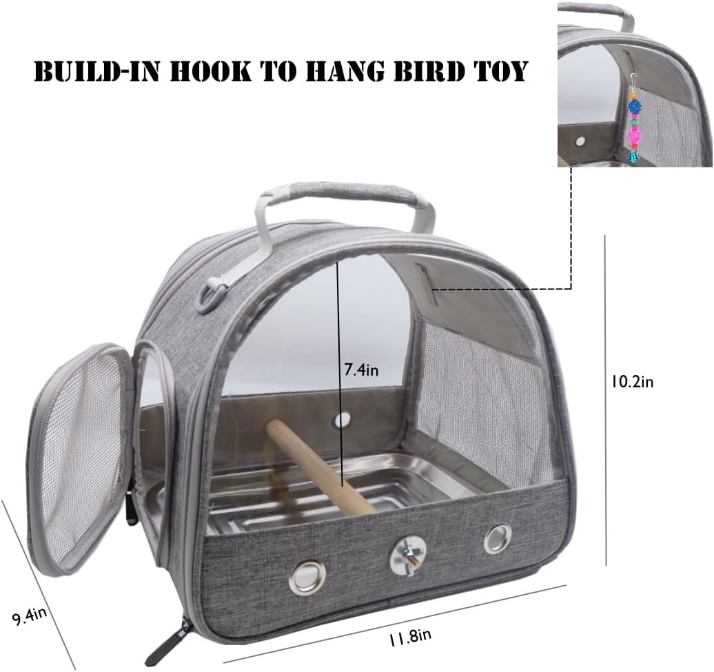 Bird Travel Carrier with Stand Perch and Stainless Tray,Portable Small Bird Parrot Parakeet Cockatiel Carrier for Hiking,Airline Approved. (Grey) image number 5