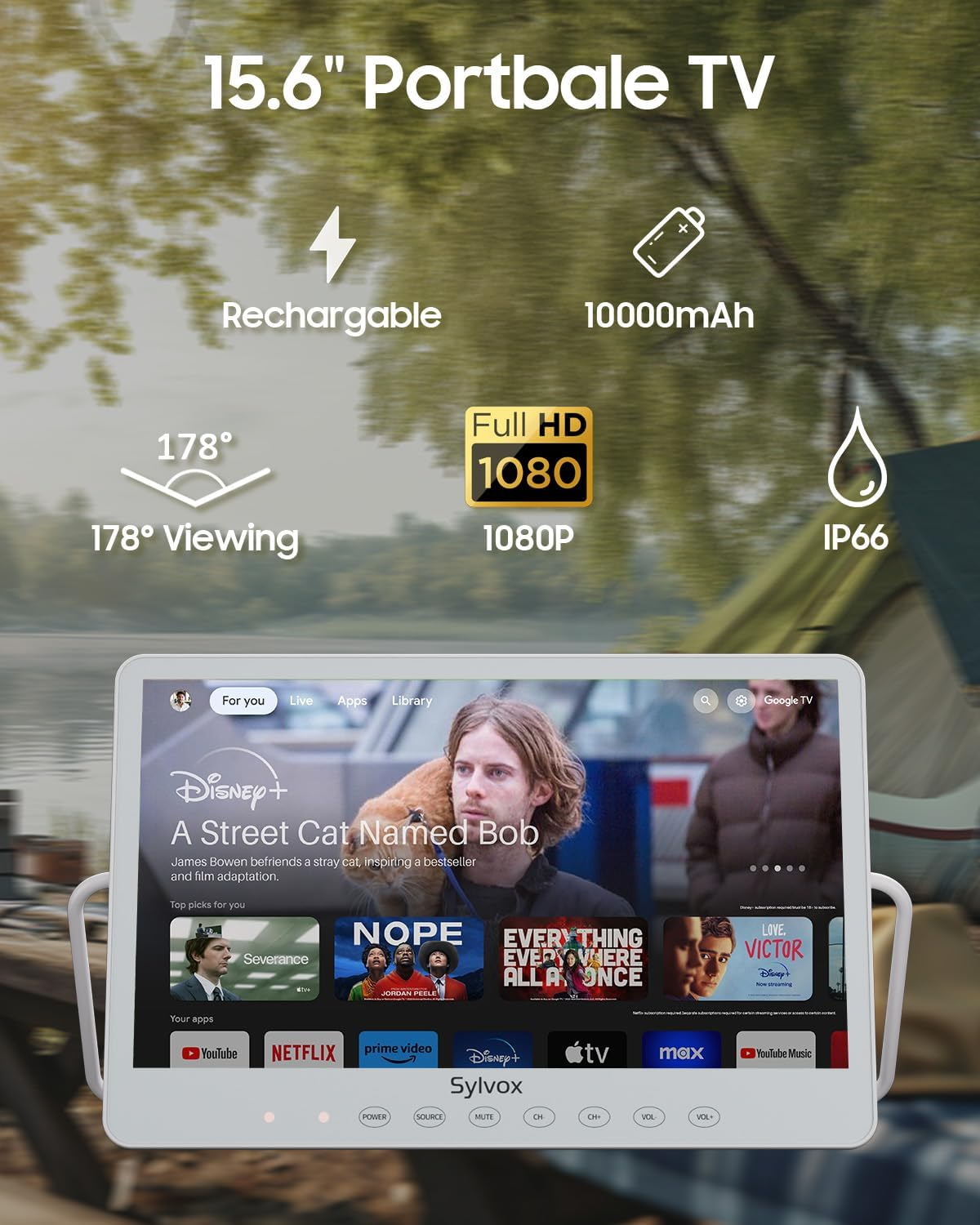 SYLVOX 15.6'' Portable TV Portable Monitor Google TV 1920 * 1080P FHD IP66 Waterproof Small Smart Television with Google Assistant Remote 10000Mah Battery-Powered TV for Kitchen Camper and More image number 4