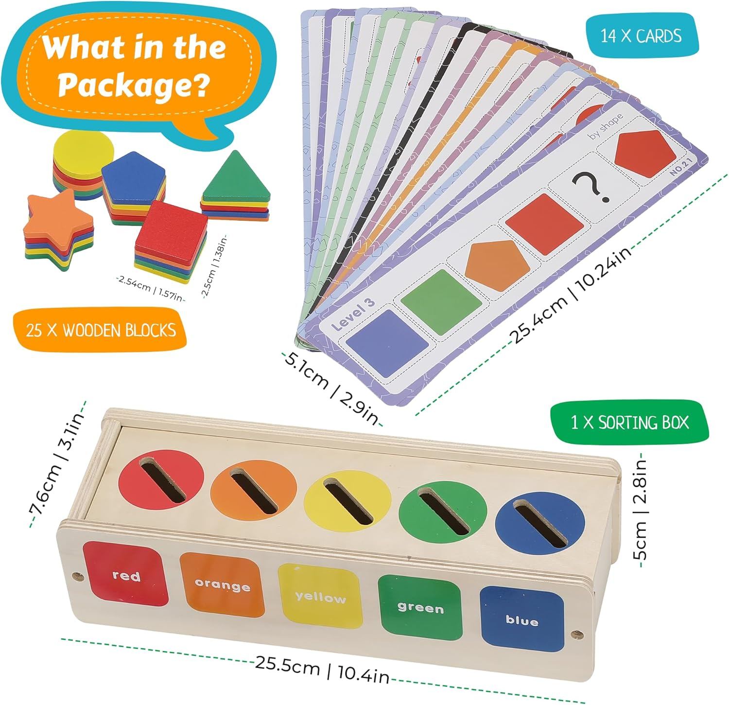 Wooden Montessori Toys for Toddlers - Color Sorting & Stacking Toy Includes 25 Wooden Building Blocks of 5 Different Shapes & Colors to Improve Color Recognition, Hand Eye Coordination, & Motor Skills image number 2