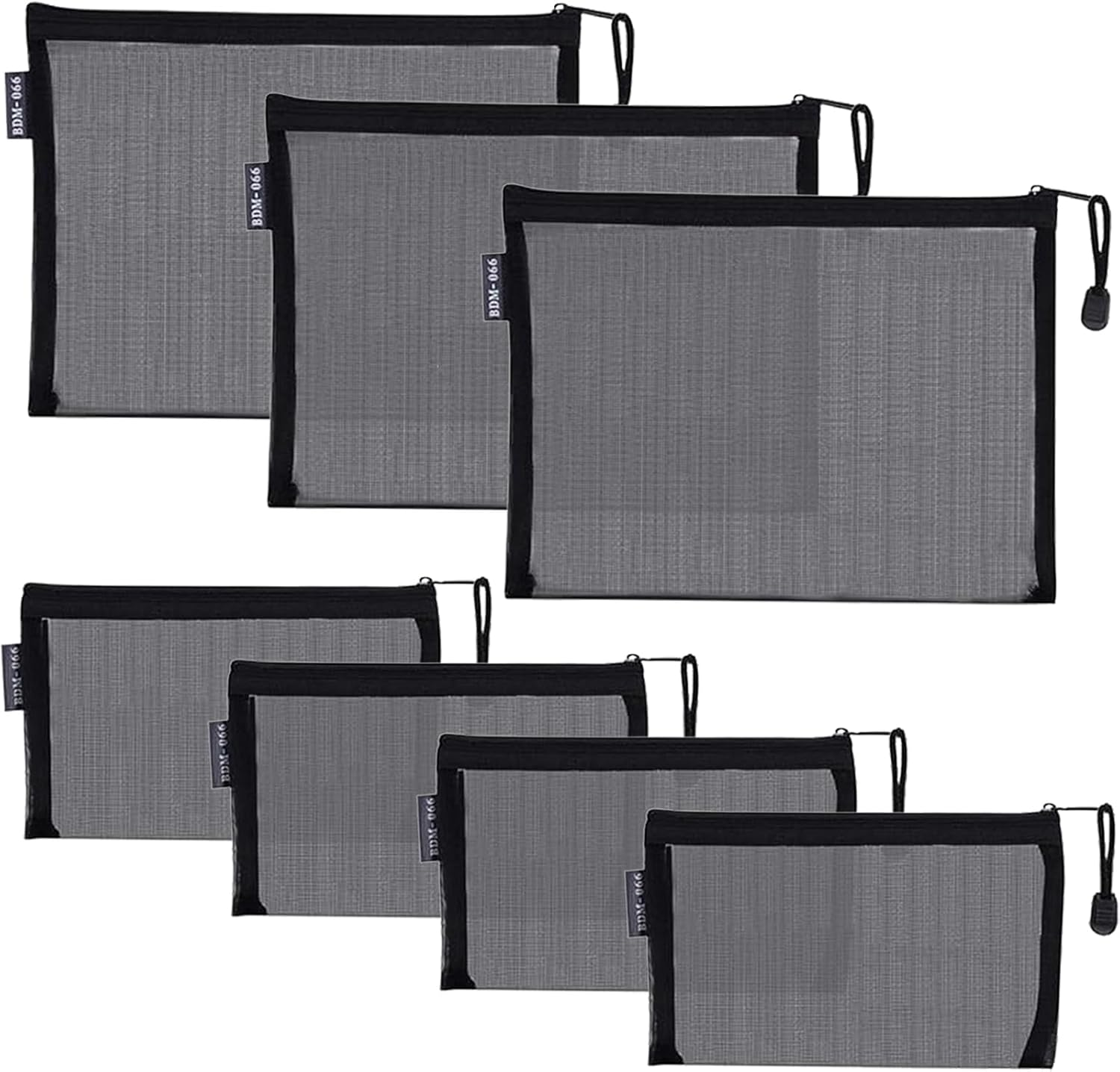 LINKPEACE Nylon Mesh Cosmetic Zipper Bags, 7PCS Black Makeup Pouches Travel Organizer Case for Purse Diaper Bag (A5 X 3Pcs, A6 X 4Pcs)