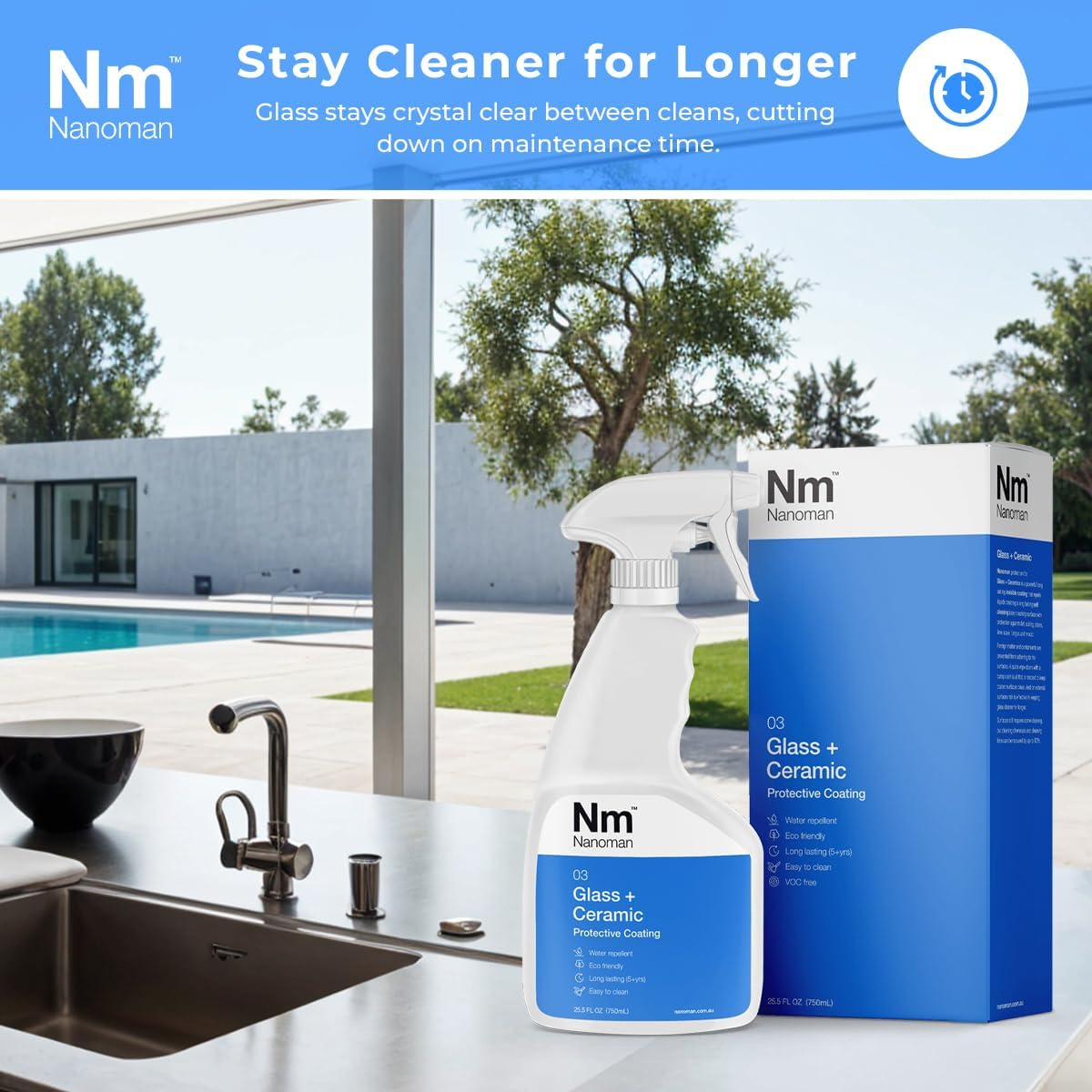 Nanoman Glass + Ceramic Coating &ndash; Hydrophobic, Easy-Clean Protection for Pool Fences & Glass Balustrades, 750Ml image number 2