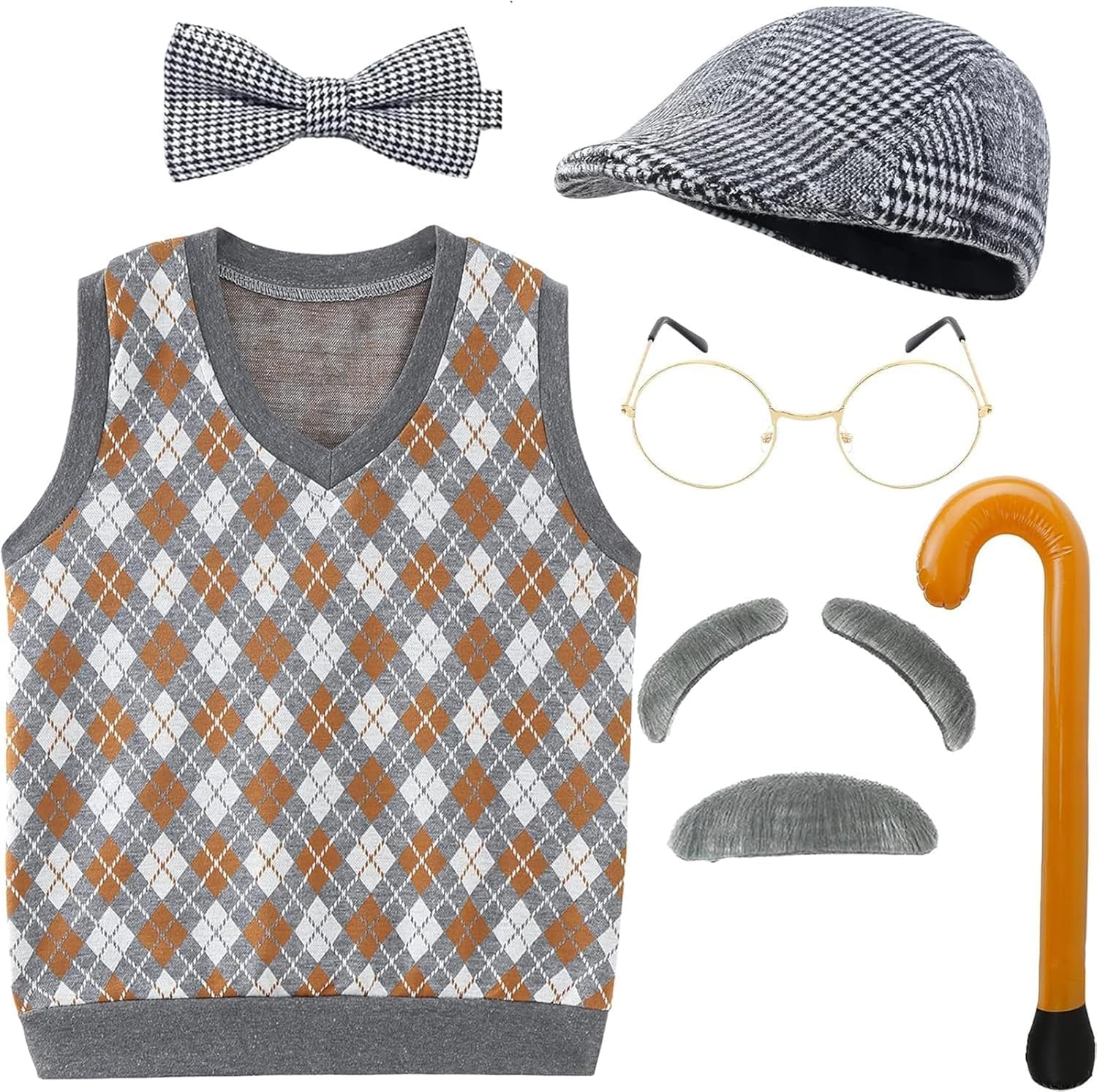 Kids 100 Days School Old Grandpa Man Costumes Set for Kids Teenagers Halloween Cosplay, School Stage Play, Christmas Dress up Outfit Accessories