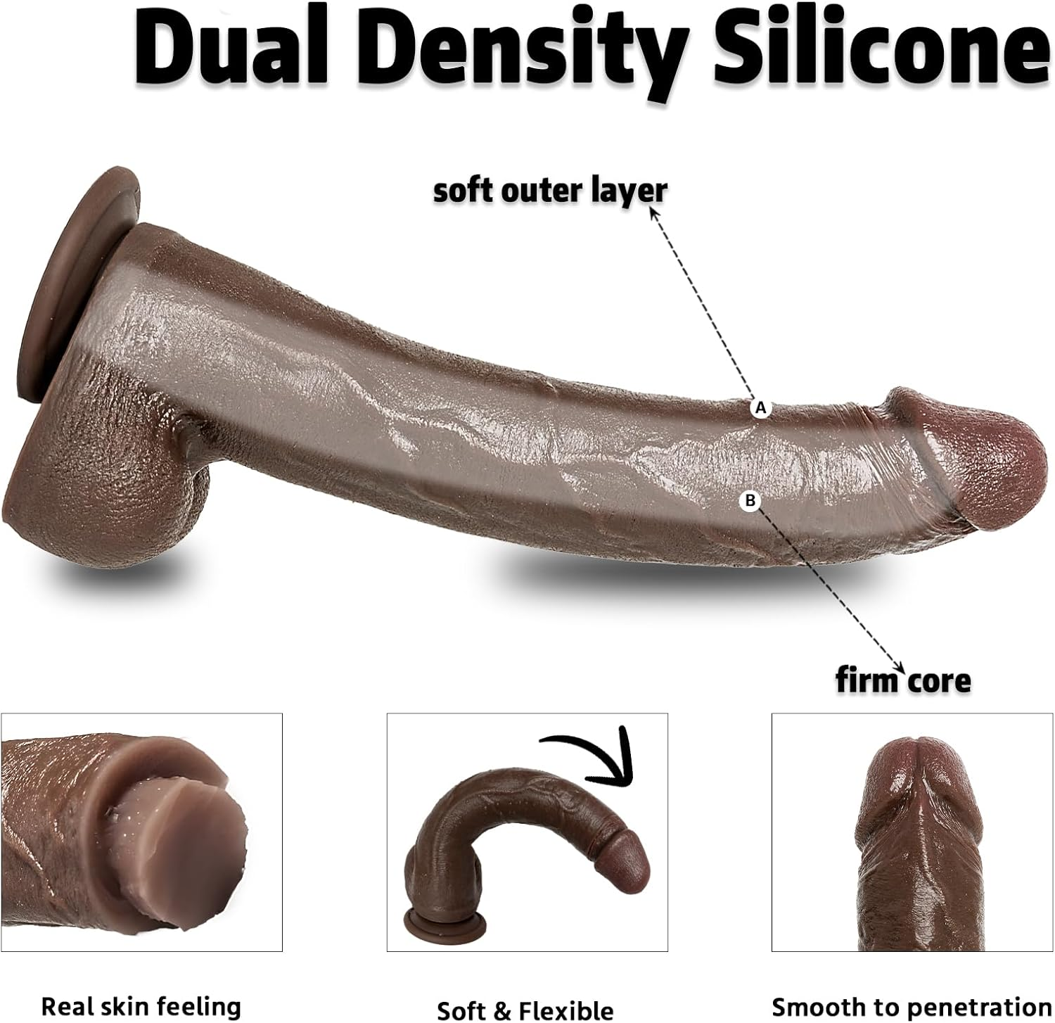 11.5" Huge Long Big Black Dildo - Realistic Thick Large Dildo with Suction Cup, BBC Real Skin Soft Dual Density Silicone Dildo, Giant Dildos for Women Men Gay, Unisex Adult Sex Toys & Games image number 4