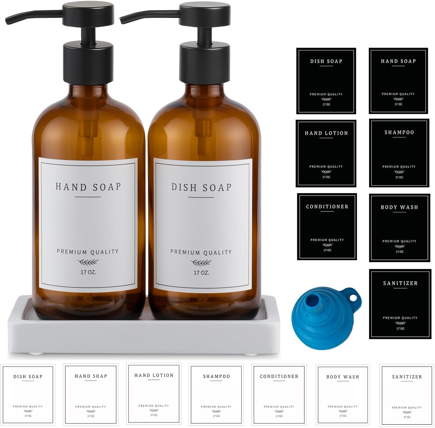 Black Soap Dispenser - Kitchen Hand Dish Soap Dispenser, Glass Bathroom Soap Lotion Dispenser with Tray, Dishwashing Liquid Dispenser, 14 Stickers, Black Bottle/Black Pump-Pd