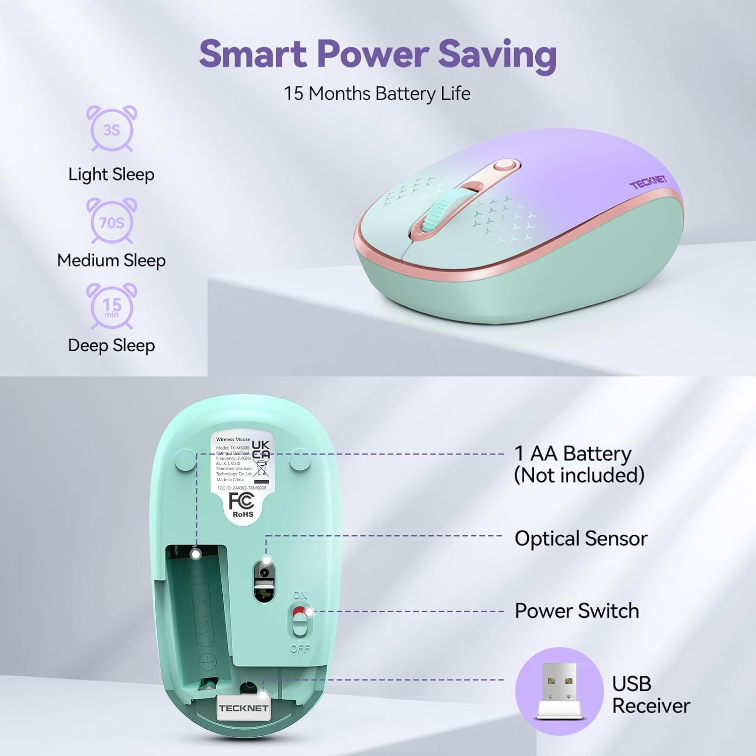 TECKNET Wireless Mouse, 2.4G Quiet Computer Mouse with USB Receiver, 4 Buttons Portable Cordless Mice for Chromebook, Laptop, PC, Mac, 800/1200/1600 DPI image number 3