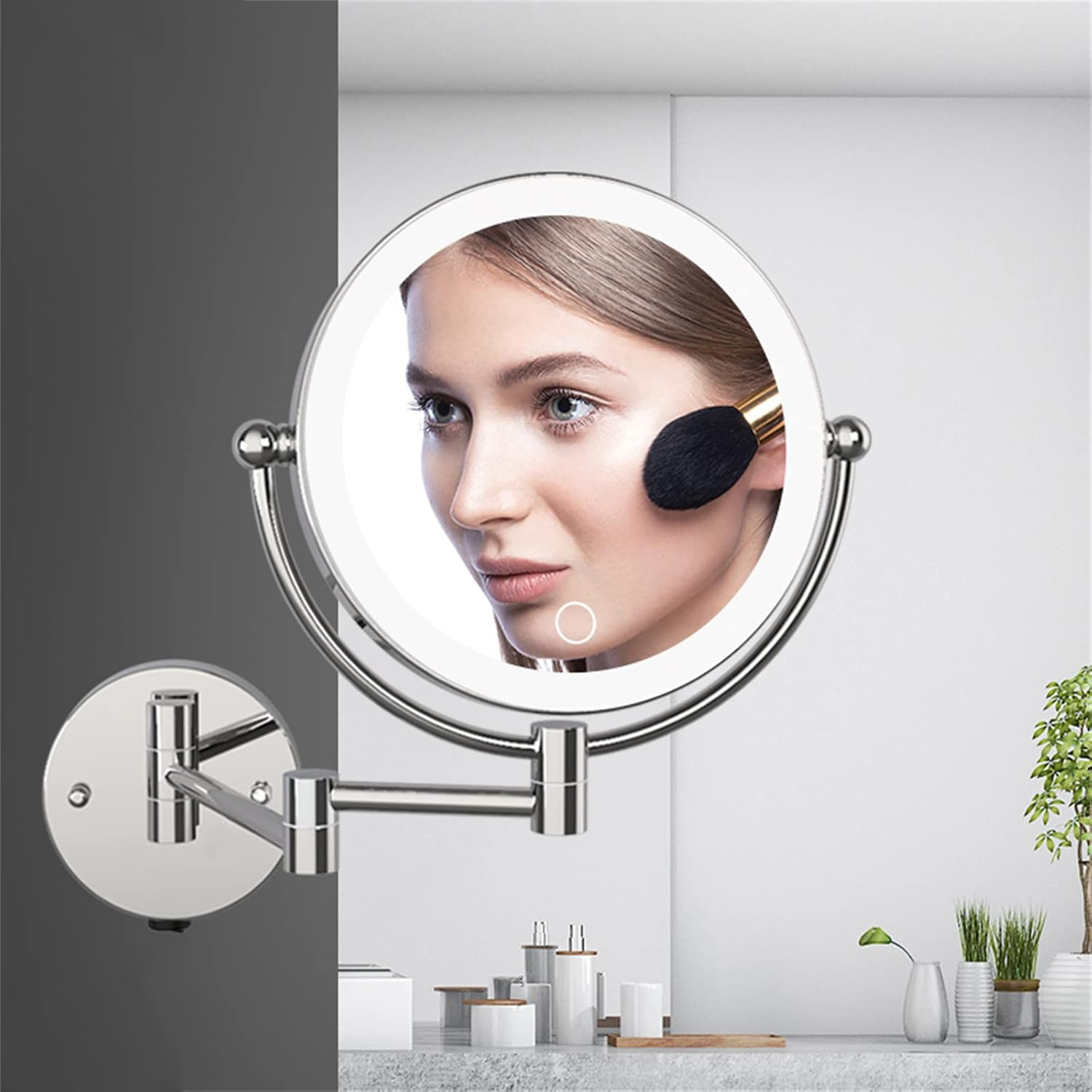 8" Wall Mounted Lighted Makeup Mirror, Stepless Dimming Hardwired Magnifying Vanity Mirror, Extendable LED Bathroom Shaving Mirror,Chrome,7X image number 5