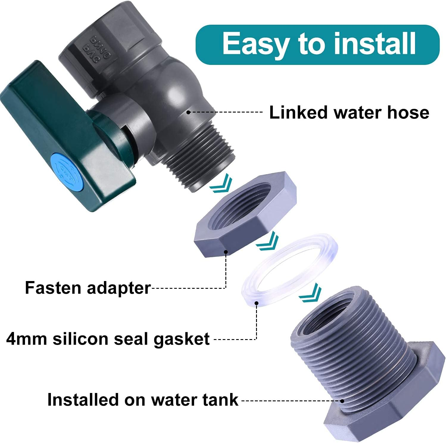 REGNHLIF PVC Rain Barrel Diverter Kit, 3/4 Inch Rain Barrel Valve, Rain Barrel Spigot Kit with Bulkhead Fitting Adapter for Water Tanks, Aquariums, Tubs, Pools image number 4