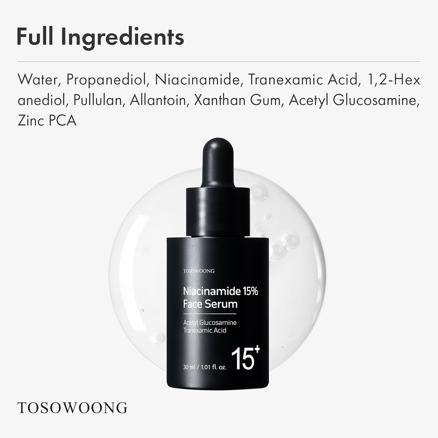 TOSOWOONG Niacinamide 15% Face Serum, 150,100Ppm Niacinamide, Tranexamic Acid, Dark Spot Corrector, Glass Skin, Radiant Complexion, Pore Minimizer, Even Skin Tone, Korean Skin Care, 30Ml, 1.01 Fl.Oz. image number 2