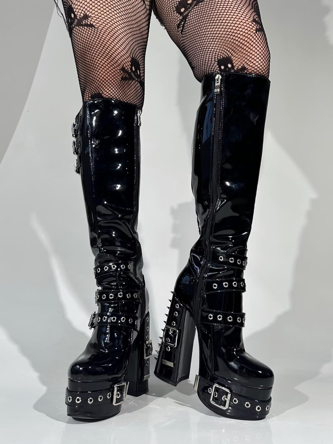 Frankie Hsu Goth Sexy Chunky Platform Knee High Heeled Boots, Black Patent Silver Rivets Multi Buckle Gothic, Punk Y2K Hot Girl Big Large Size Wide Calf Shoes for Women Men