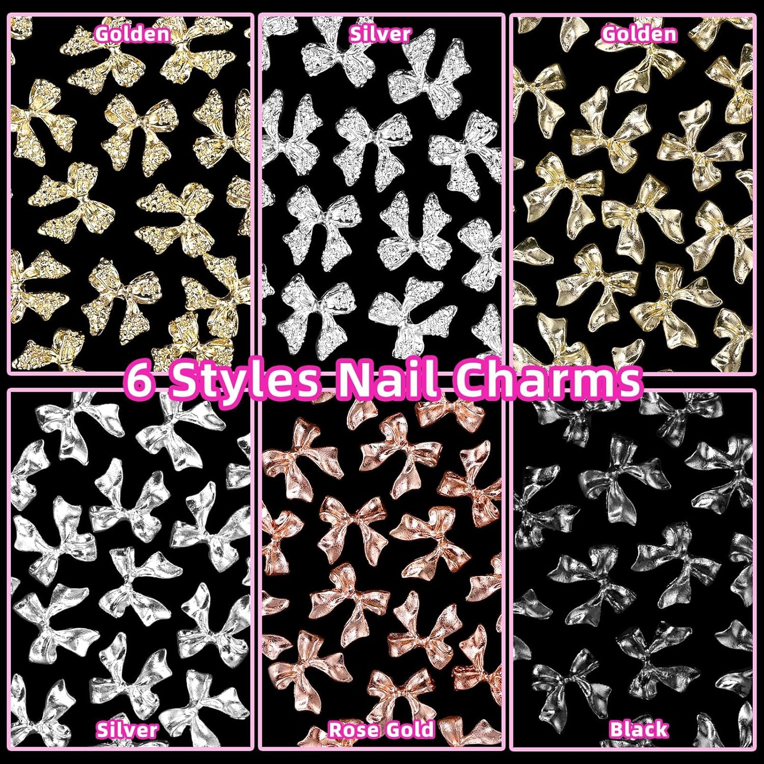 60 Pcs Metal Bow Nail Charms, Alloy Nail Bows 3D Golden Silver Gray Bowknots Charms for Nails,Nail Art Accessories Manicure Nails DIY Charms, Luxury Shiny Bow Tie Nail Gems Charms image number 2