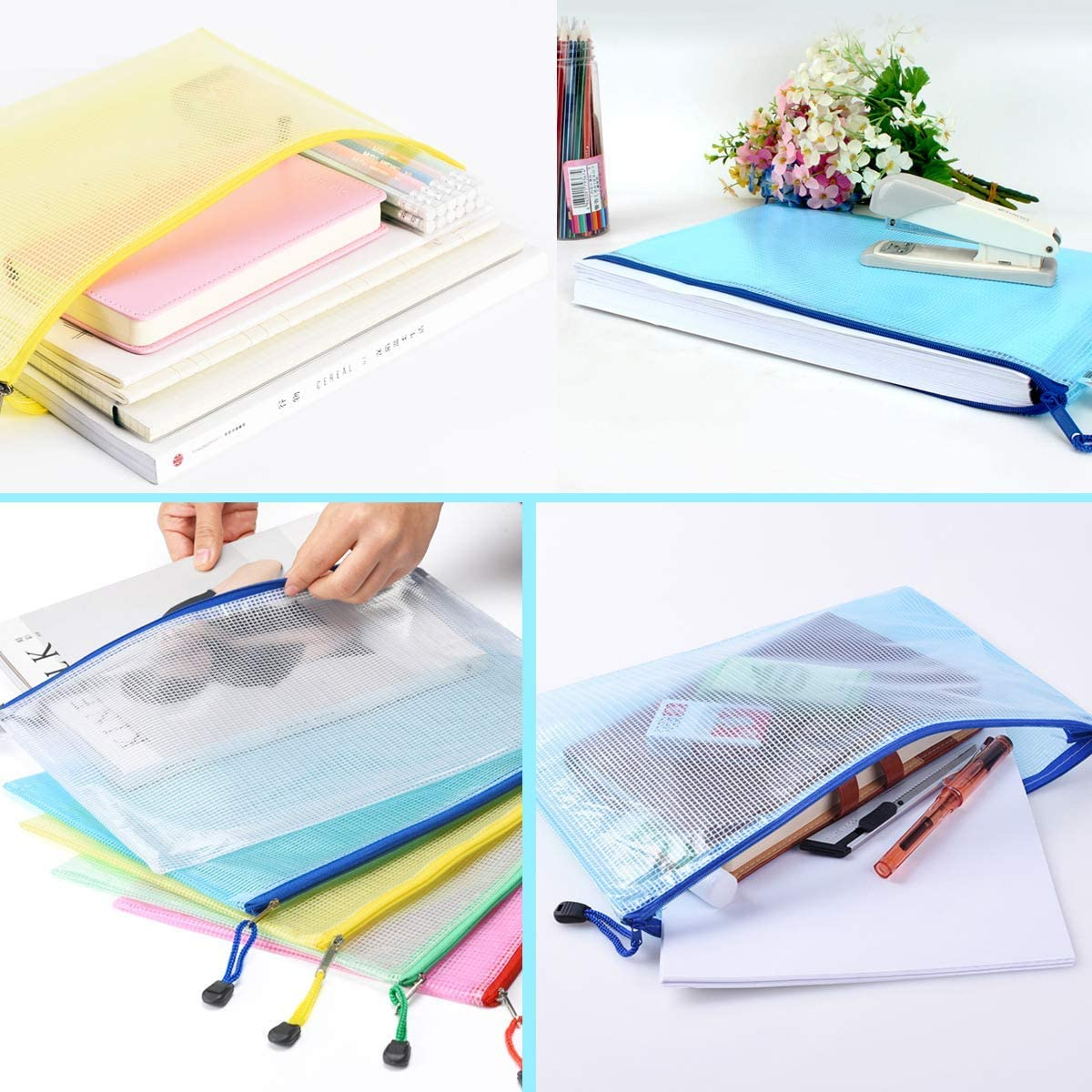 Zip File Folders, Pyhot 10Pcs A4 Size Mesh Document File Bags Storage Pouch with Zipper for Cosmetics Offices Supplies Travel Accessories, 5 Colors