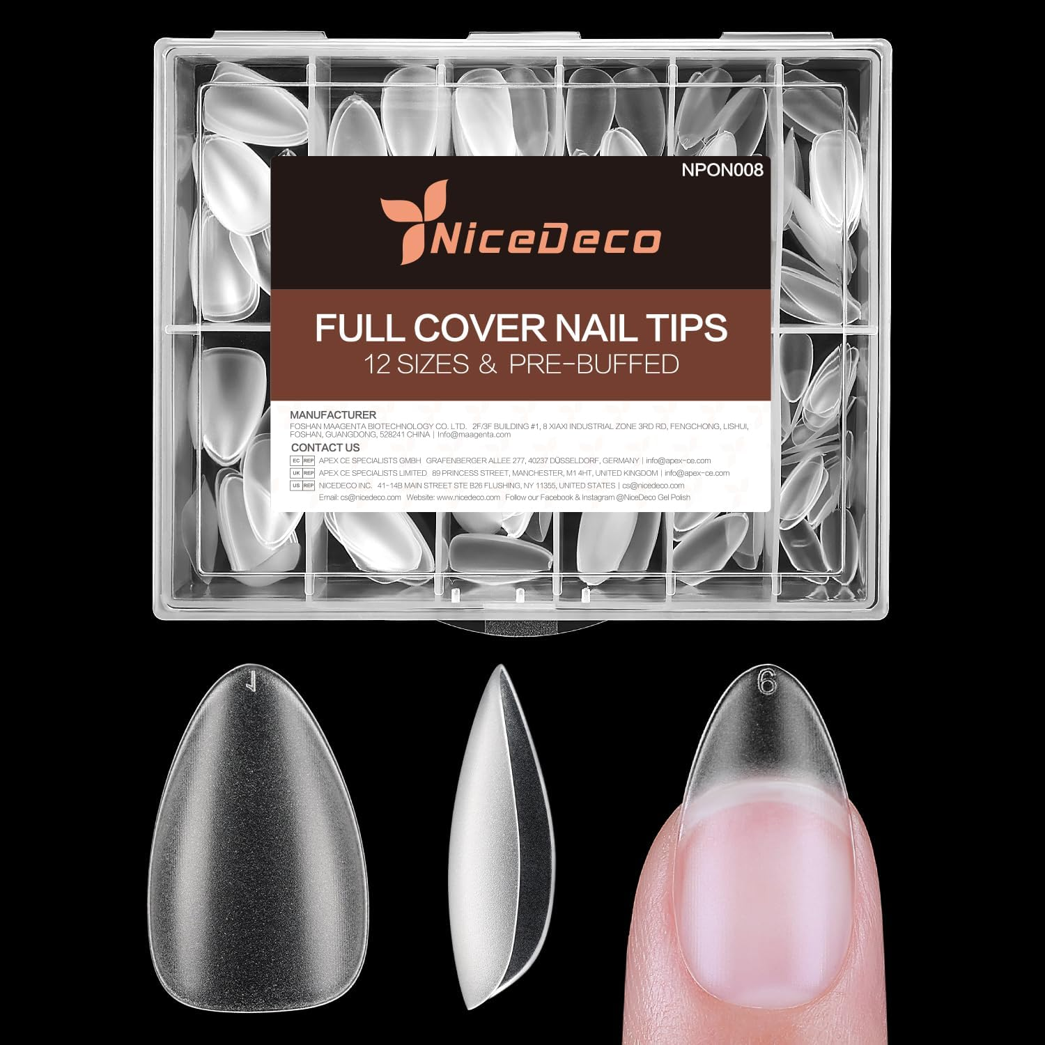 Nicedeco Short Almond Full Cover Nail Tips Press on Nails Clear - False Nails Soft Gel Tips 12 Sizes 216 Pieces - 008