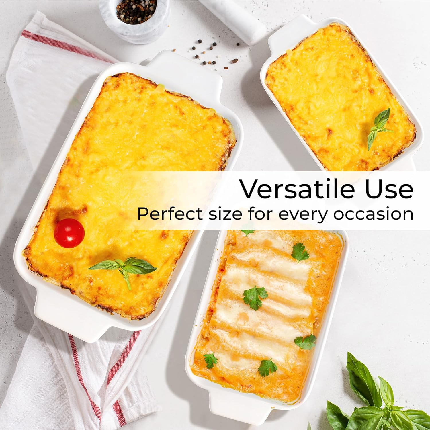 MIAMIO - Casserole Dish Set of 3 / Ceramic Rectangular Baking Pan, 3-Piece Stackable Bakeware Sets, 850 Ml, 1650 Ml, 2900 Ml - Dishwasher and Oven Safe - Palmanova Collection