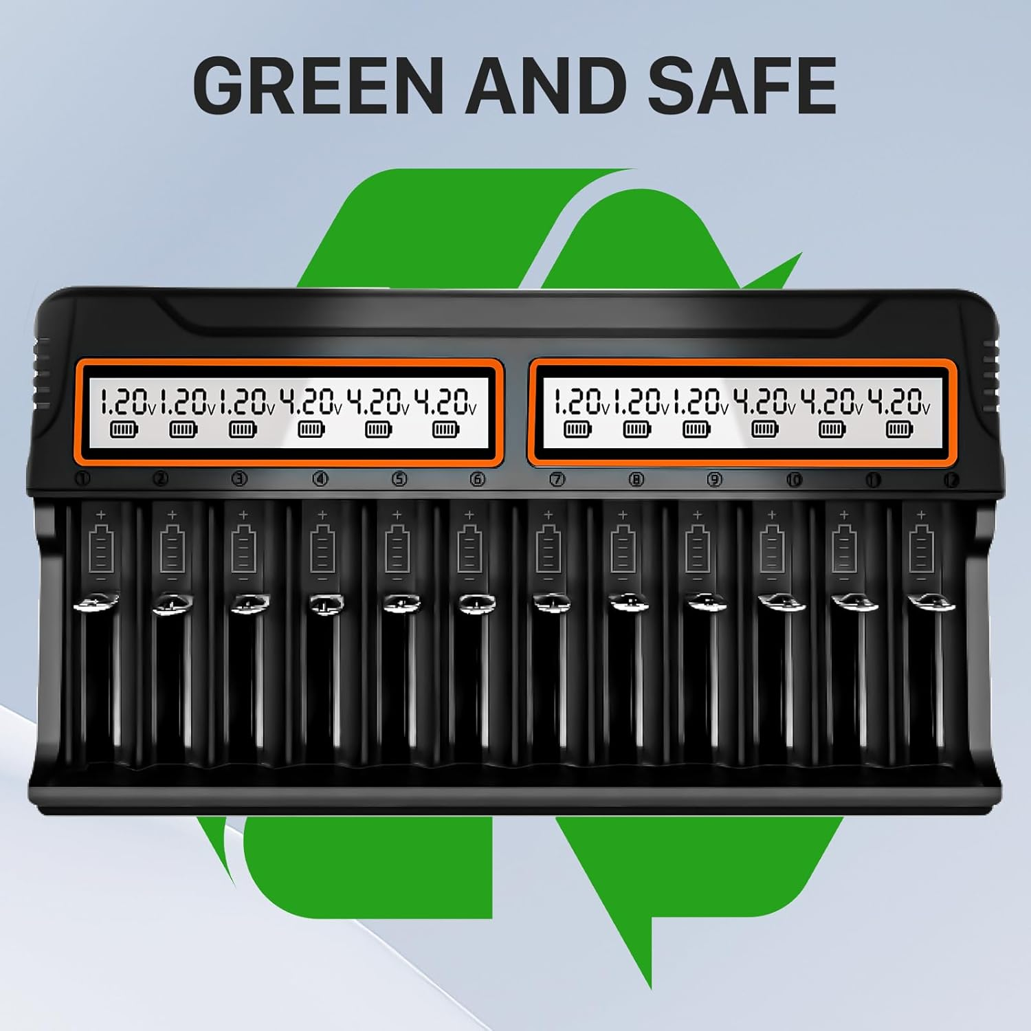 12 Bay AA AAA Battery Charger for Nimh Nicd Rechargeable Batteries, Smart Universal Charger with LCD Display and AC Charging Plug, Independent Slot image number 2