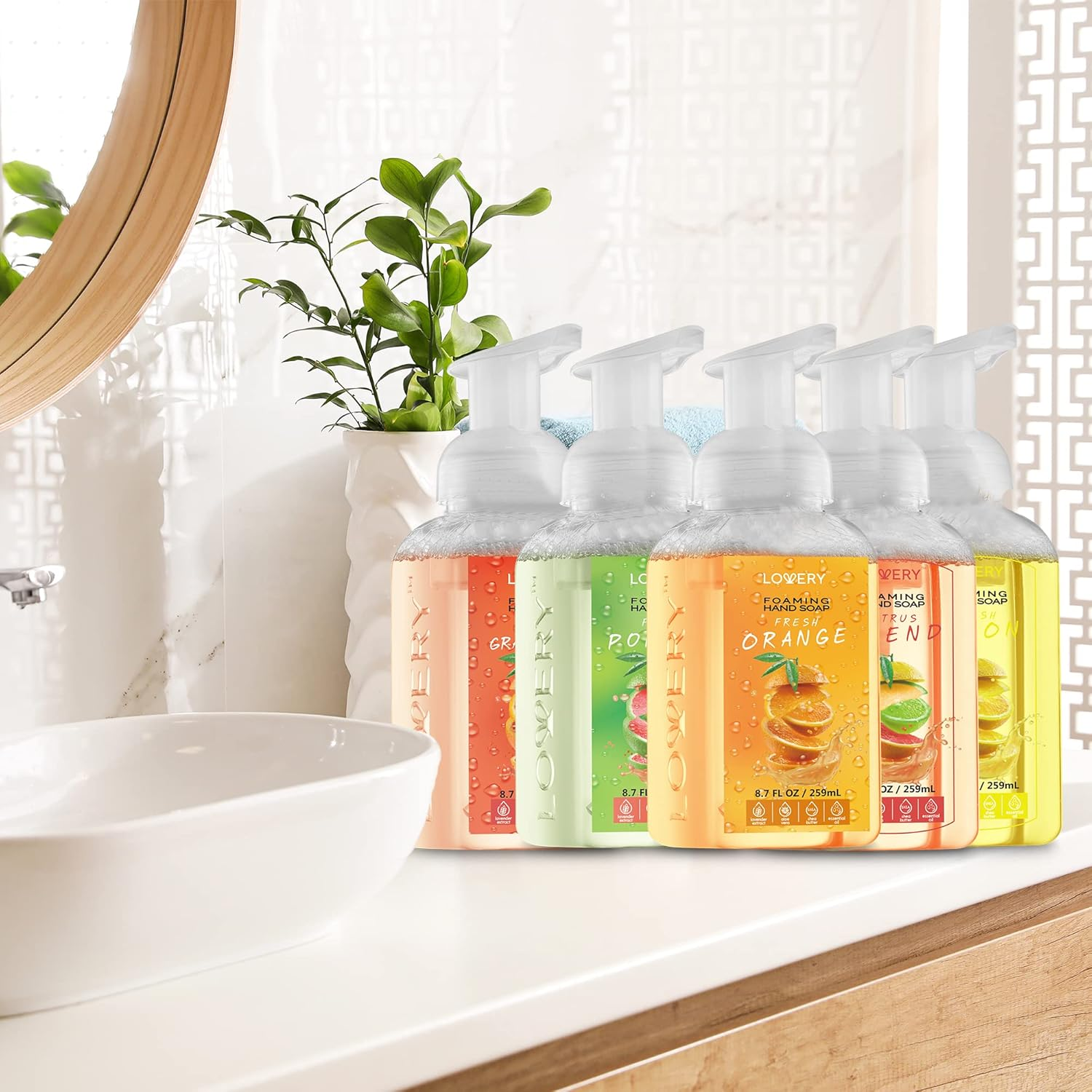 Lovery Foaming Hand Soap - Pack of 5 - Moisturizing Hand Soap with Aloe Vera & Essential Oils - Alcohol-Free Hand Wash in Citrus Blend, Lemon, Orange, Lime, Pink Grapefruit - Scented Hand Wash for Kitchen or Bathroom - Free Swarovski Bracelet image number 6