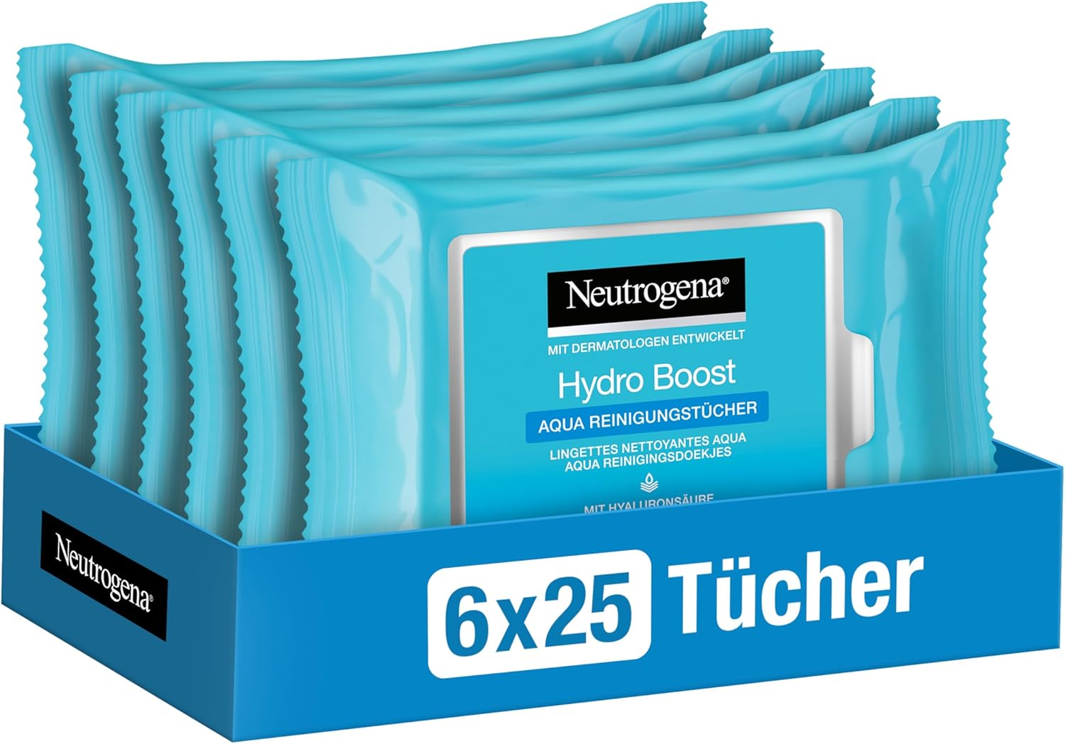 Neutrogena Hydro Boost Aqua Cleansing Wipes/With Neutrogena Cleansing Technology, Hyaluronic Acid and Moisturiser / 6 X 25 Pieces, 25 Ml image number 4