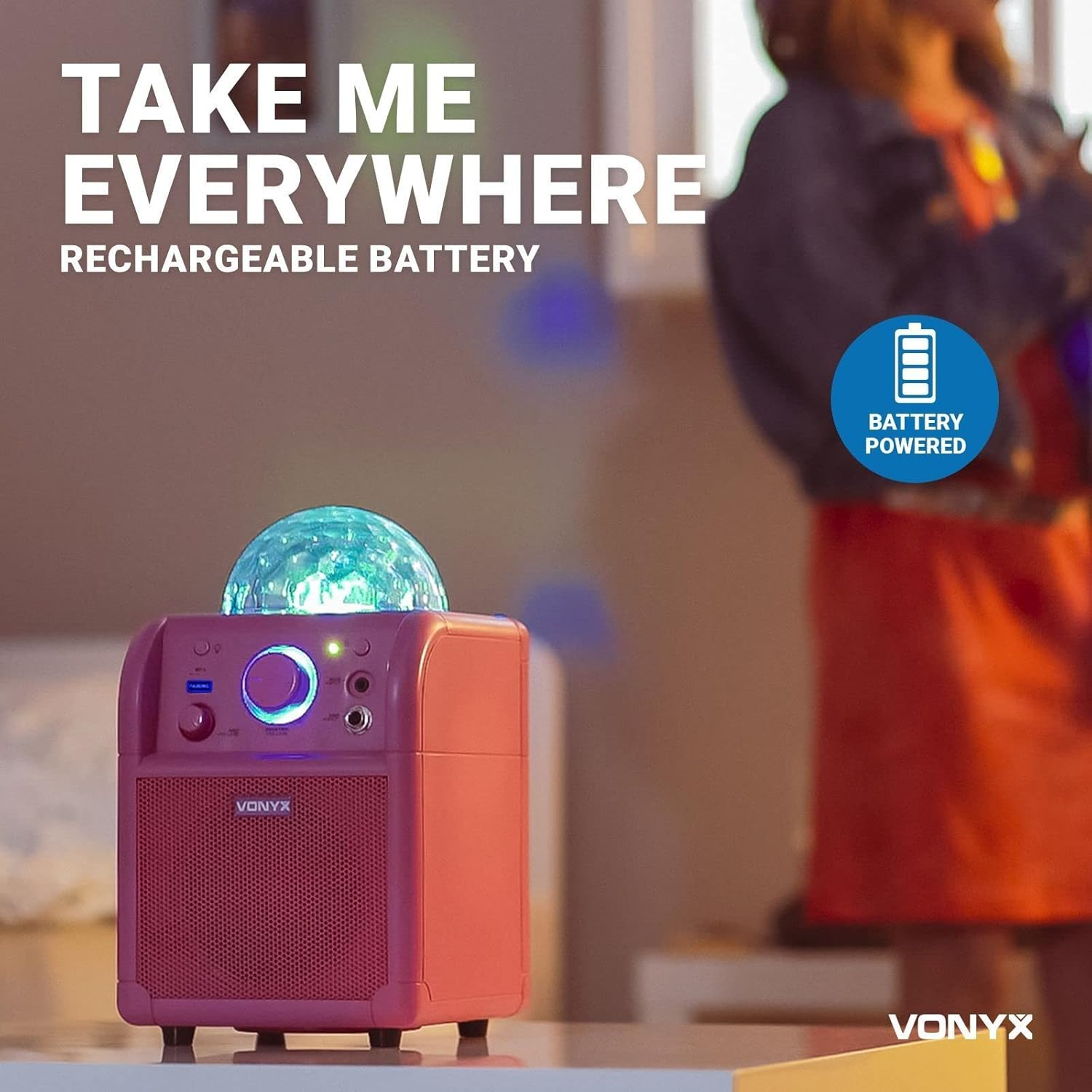 Karaoke Machine Microphone Bluetooth Portable Party Speaker Pink LED Light Kids SBS50P image number 4