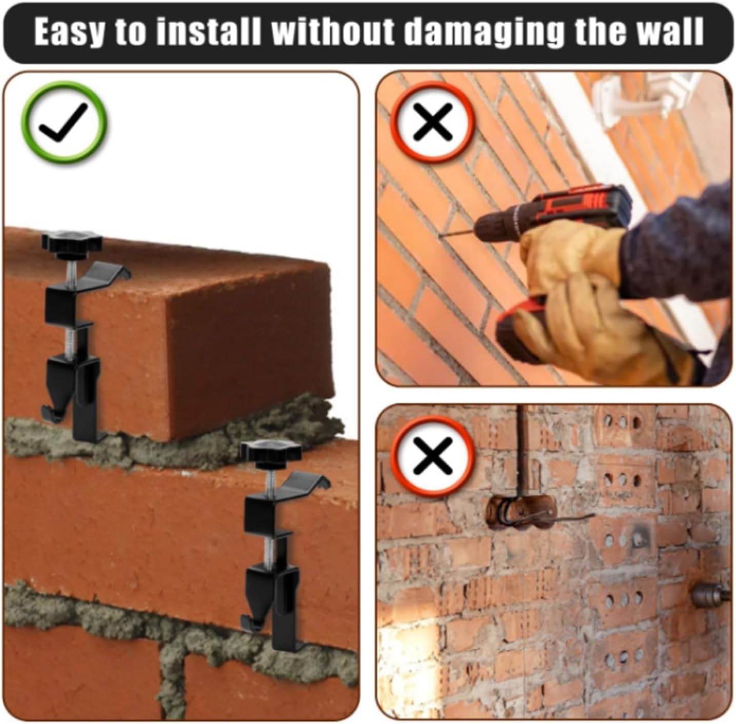 Yharnamite 6 Pcs Brick Hanger Clamp, Adjustable Brick Hooks Heavy Duty Stainless Steel Brick Hanger, No Drill, Nail Holes, Screws, Brick Wall Clips for Outdoor Hanging Pictures image number 2