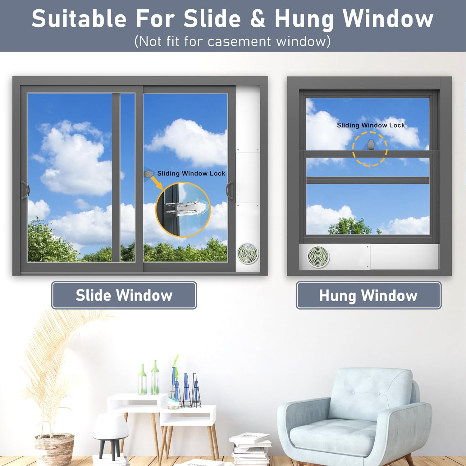 Flamorrow Portable Air Conditioner Window Seal Plates Kit for 5" Diameter Exhaust Hose, Universal Portable AC Window Vent Kit for Sliding & Hung Windows, Adjustable Length Sealing Panels up to 47" image number 5