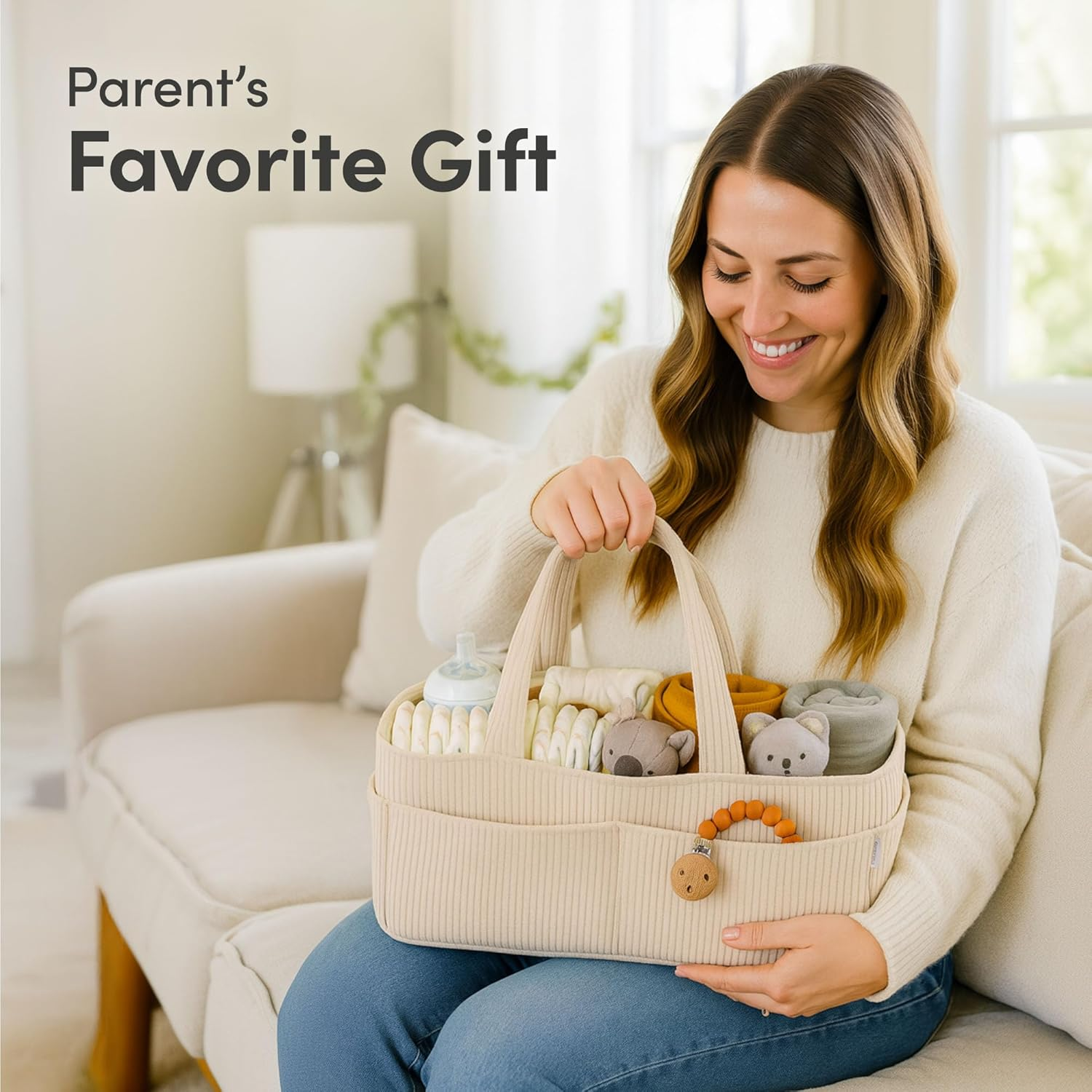 PUTSKA Baby Nappy Caddy Organiser for Changing Table &ndash; Stylish Nursery Storage Basket, Newborn Essentials, Baby Shower Gifts and Registry Must-Haves for Boy or Girl, Car Nappy Caddy, Corduroy Cream - Mocha image number 3