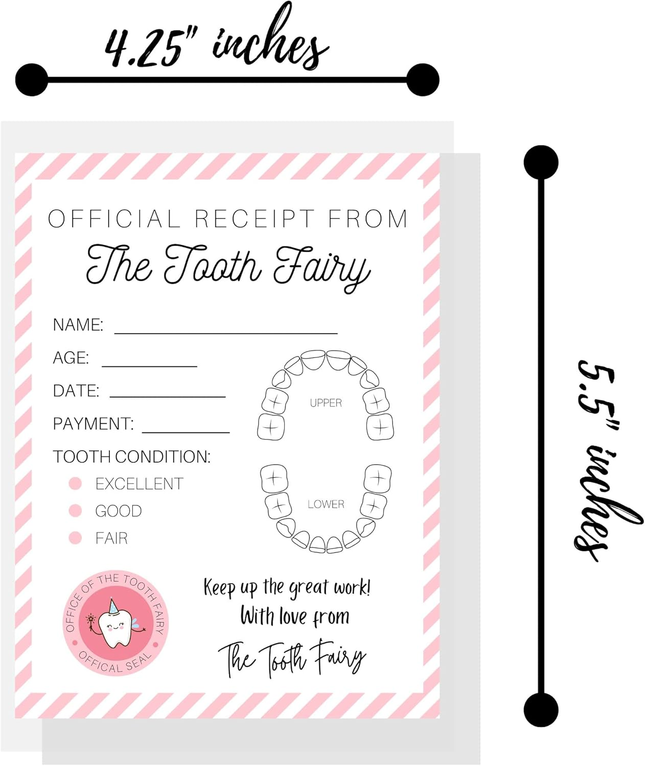 Tooth Fairy Receipt Cards with Pink Stripes | 40 Pack | 4.25X5.5" Inch Large Postcard Size Tooth Fairy Receipt for Lost Tooth Certificate for Kids to Add to Gold Coins under Pillow | White Card with Tooth Fairy Design Chart and Pink Stripes image number 5