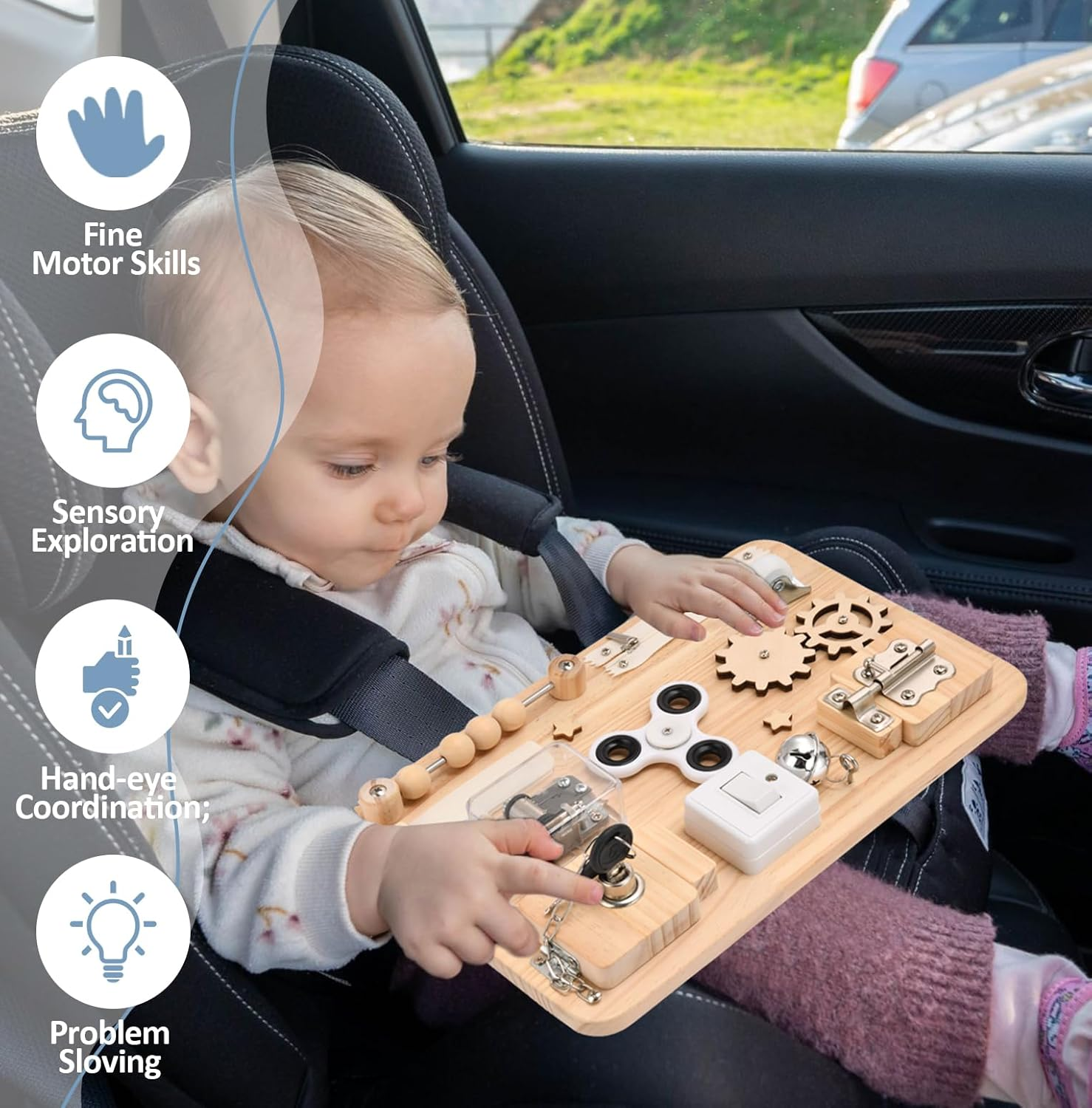 Potatomato Montessori Busy Board -Toddler Sensory Wooden Toys for Baby - Prechool Educational Activities for Learning Fine Motor Skills - Fidget Board for Boys Girls Kids image number 3