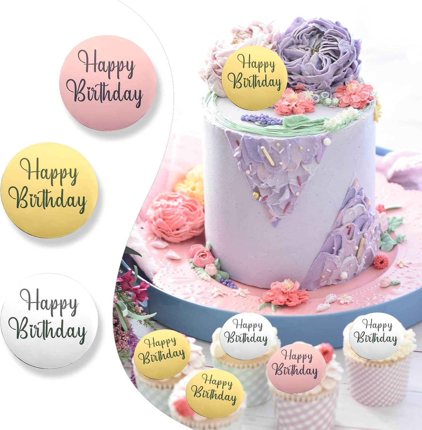 AIEX 33 Pieces Happy Birthday Decorations, Happy Birthday Topper Acrylic Mirror Decoration for Cupcakes Happy Birthday Topper Cake Birthday (Gold, Silver and Rose Gold, Round)