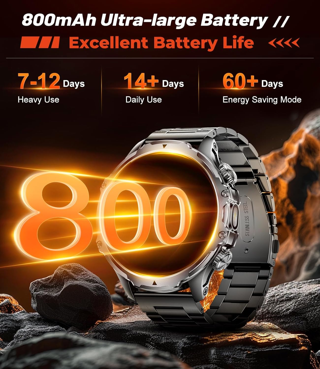 Military Smart Watch for Men (Answer/Make Calls),800Mah Large Battery,1.85" Big Screen Smartwatch with 100+Sport Modes Calories Pedometers Fitness Tracker Sports Watch,5Atm Waterproof for Ios Android image number 3