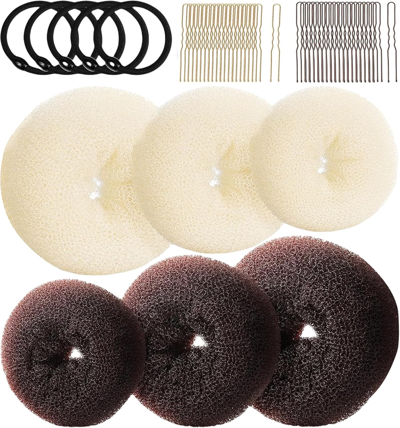 Hair Bun Maker 50 Pieces Set, Donut Bun Shaper with 3Pcs Dark Brown &3Pcs Beige(2 Large, 2 Medium and 2 Small), 5 Pieces Hair Elastic Bands, 40 Pieces Hair Pins (Brown and Gold) image number 5