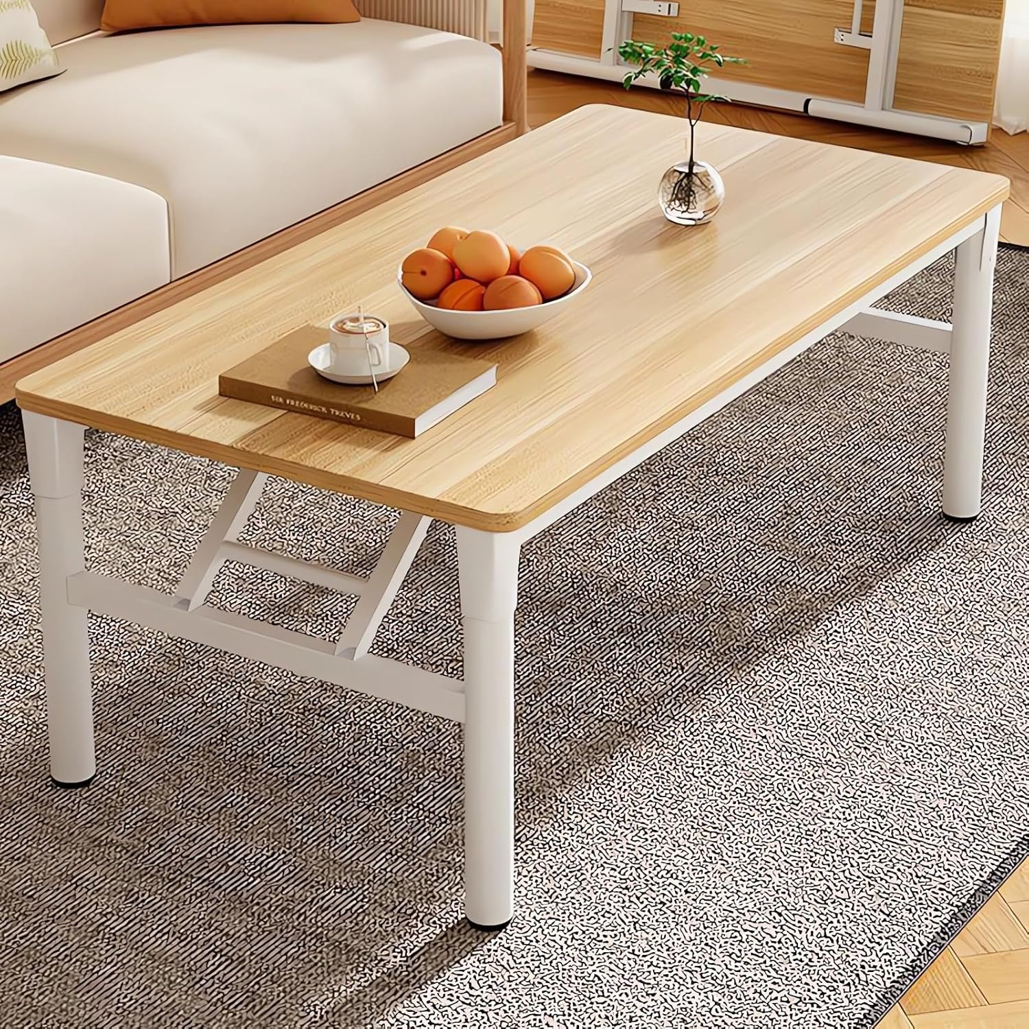 Modern Coffee Table with Wood Top, Foldable Metal Legs, Living Room Furniture A189 (White, 80X40X42CM)