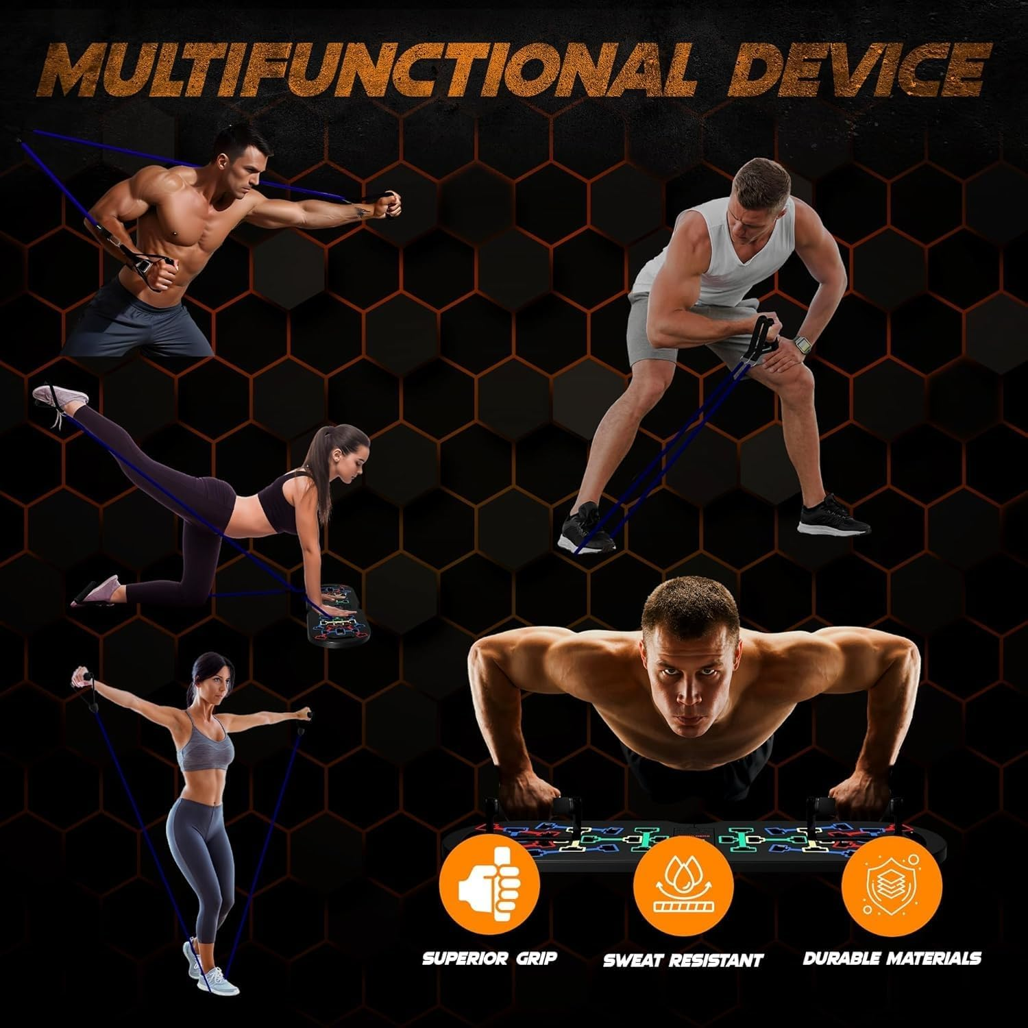 APEXORIGIN Push up Board Home Gym Pushup Board with Handles Professional Strength Training Equipment, Foldable Pilates Bar and 20 Fitness Accessories with Resistance Bands and Ab Roller Wheel