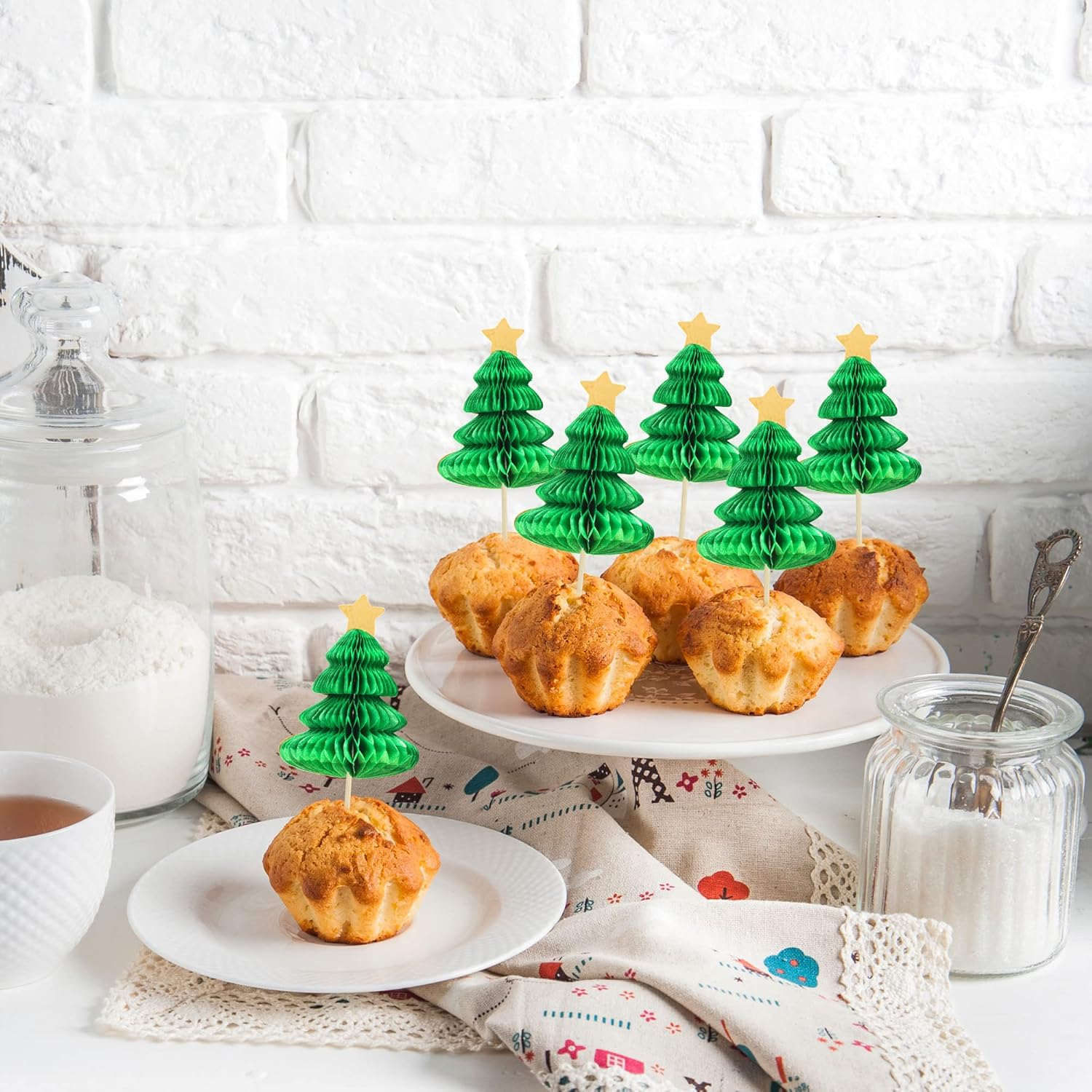 Gyufise 24Pcs Christmas Tree Cupcake Toppers Green 3D Christmas Tree Cupcake Picks for Merry Christmas Theme New Year Holiday Baby Shower Kids Birthday Party Cake Decorations Supplies image number 1