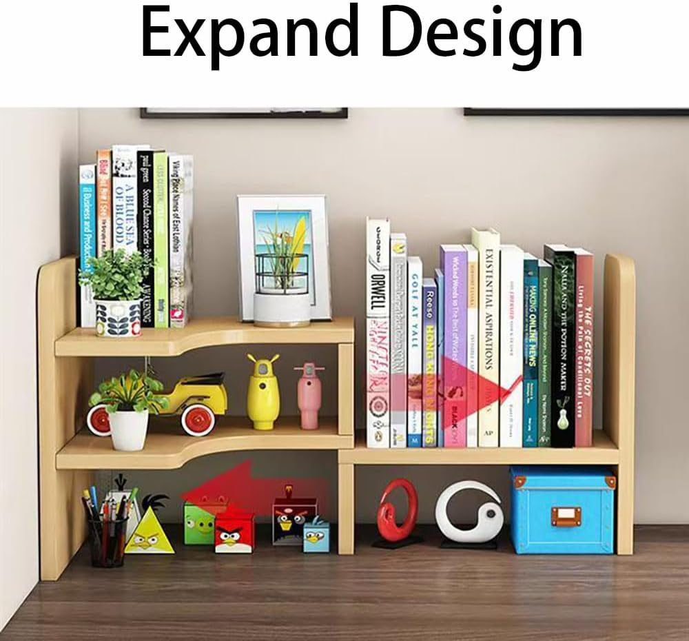 Hbluefat Corner Desktop Bookshelf Organizer, Adjustable Wood Tabletop Small Bookcase, Counter Top Display Storage Shelf/Rack for Home Office (Wood) image number 2
