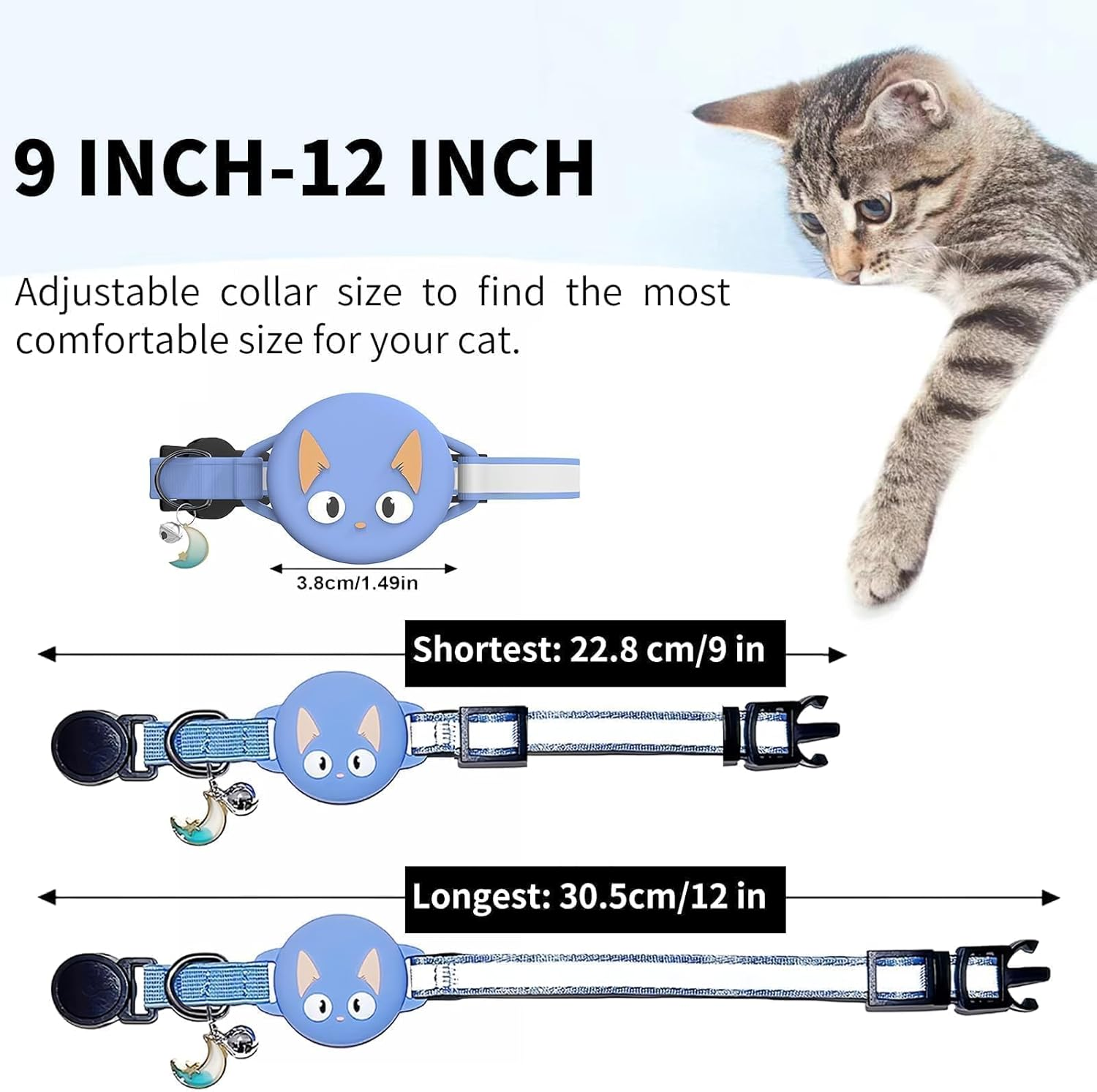 Woyinger Reflective Breakaway Cat Collars with Name Tag, with Apple for Air Tag Holder and Bell, Waterproof for Airtag Cat Collar Holder, Adjustable,Reflective Breakaway Cat Collars, for Cats (Blue) image number 6