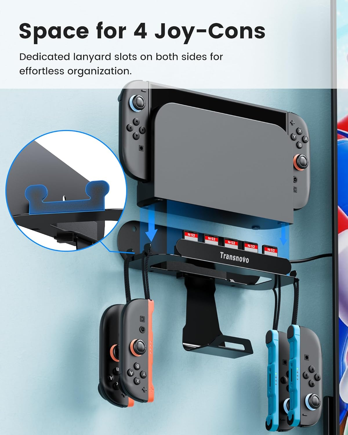 TRANSNOVO Wall Mount Dock Holder Compatible with Switch 2/Oled/Switch, Space-Saving Console Storage Near/Behind TV, Metal Bracket with Hook for Hanging Joycons/Pro Controller and 5 Game Card Slots image number 2