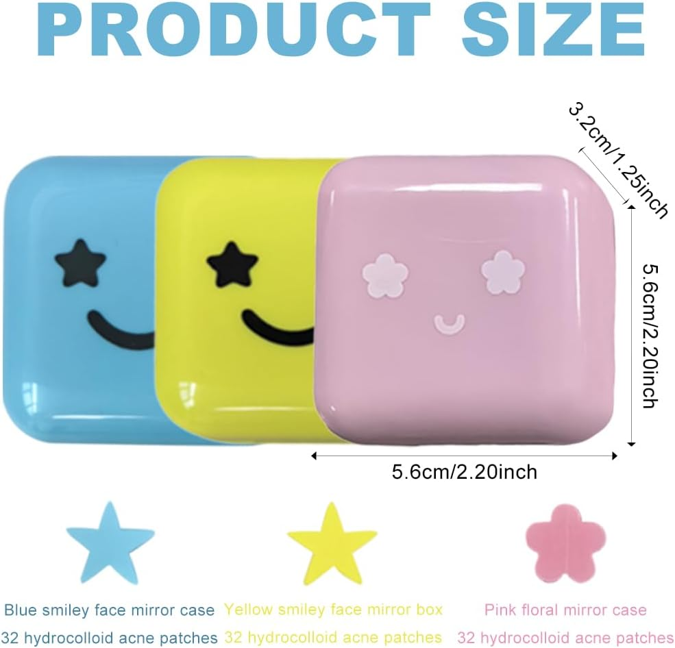 BRTNUP 96 Pcs Starface Pimple Patches, Star Pimple Patches Hydrocolloid Star Face Pimple Patch Cute Star Spot Patch with Mirror Compact for Sensitive Skin, Travel & Daily Use (Pink, Blue, Yellow) image number 3
