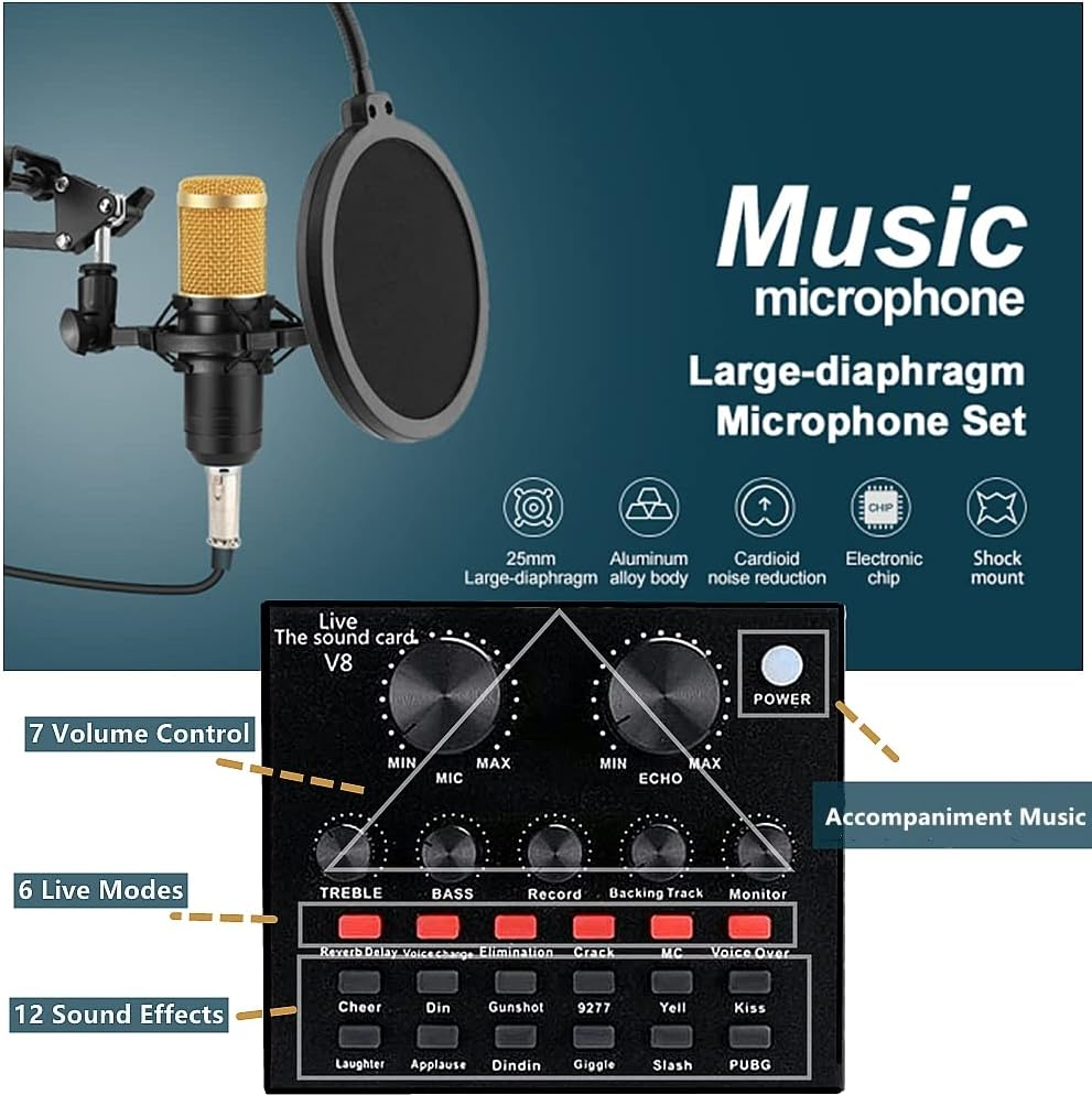 Podcast Equipment Bundle, BM-800 Recording Studio Package with Voice Changer, Live Sound Card - Audio Interface for Laptop Computer Vlog Living Broadcast Live Streaming Youtube Tiktok (AM100-V8) image number 2