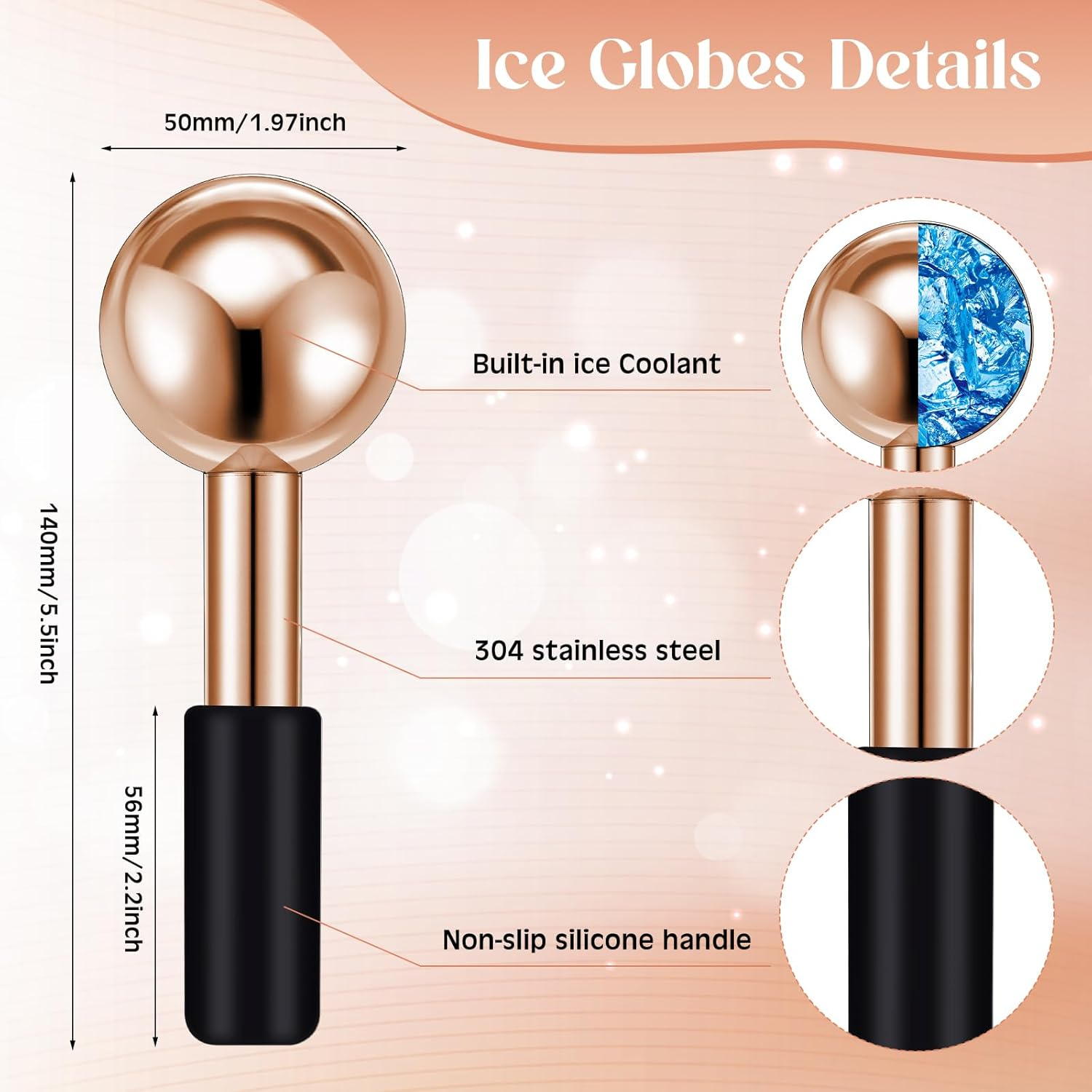 Baderke 2 Pcs Ice Globes for Facials Stainless Steel Cooling Globes Unbreakable Cooling Roller for Women Ice Balls Cryo Sticks for Face Skin Care for Dark Circles, Puffiness (Rose Gold (Black Handle)) image number 2