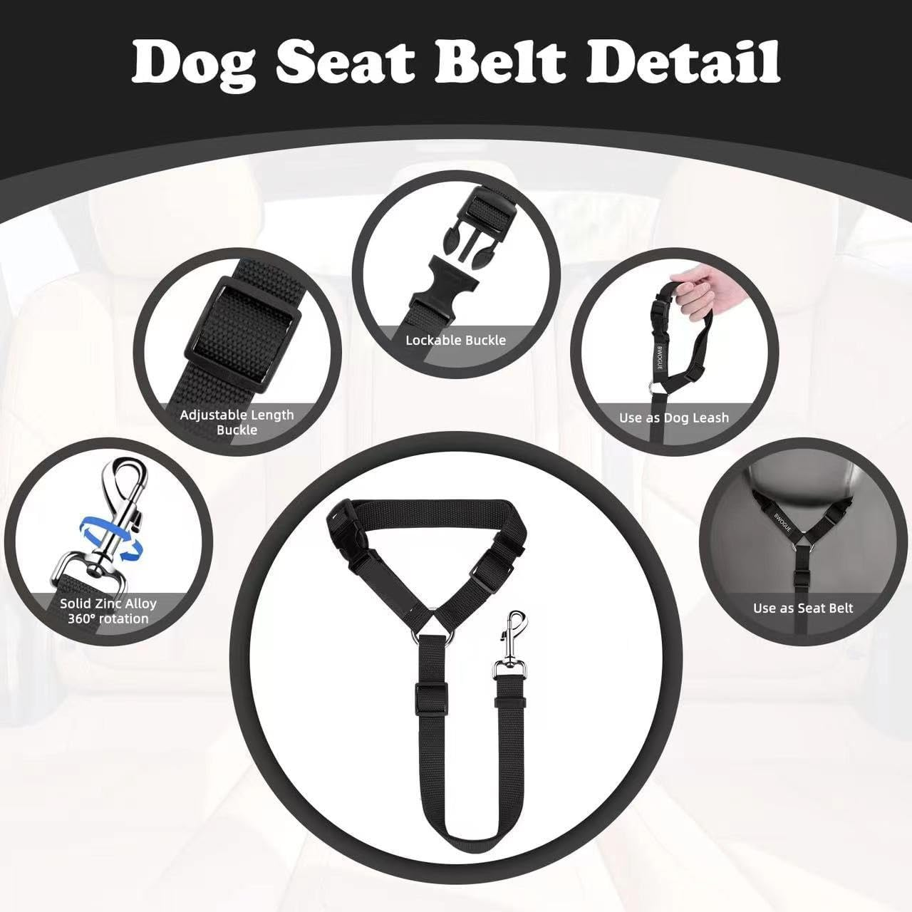 2 Packs Dogs Seat Belt Strap Car Headrest Restraints Adjustable Cat Safety Nylon Fabric Vehicle Seatbelts Harness image number 3