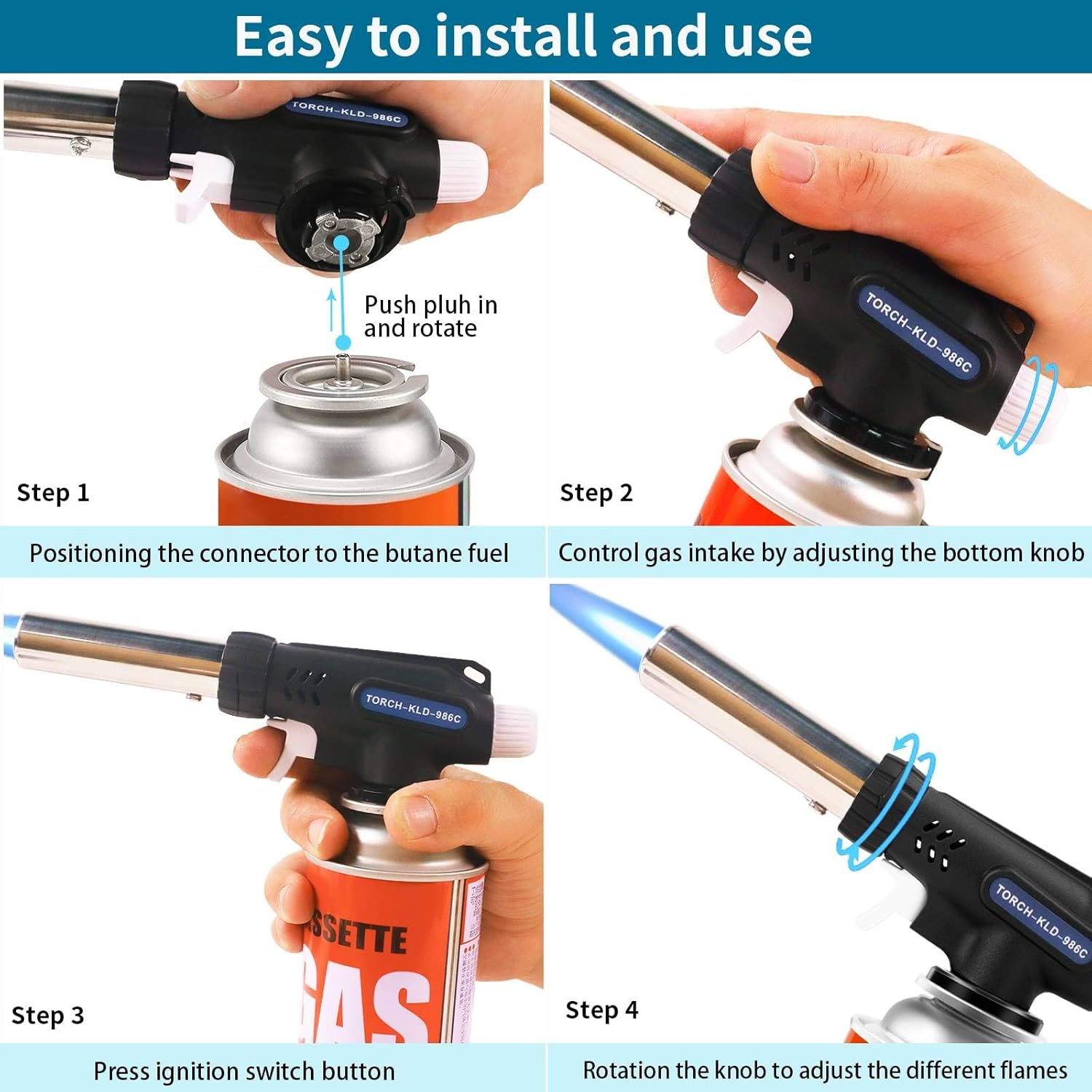 Butane Blow Torch, Kitchen Torch Burner, Adjustable Flame Professional Power Torch, Gas Burner, 360&deg; Reverse Use for Creme Baking Cooking BBQ Grilling Roasting, Welding, Etc. (Butane Gas Not Included) image number 4