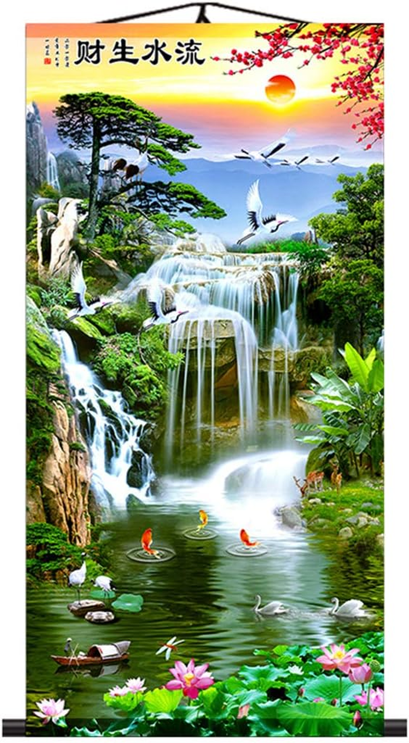 Zzooi Chinese Lucky Fengshui Painting Waterfall Golden Carps Wall Art Hanging Silk Painting Scroll,Feng Shui Decor