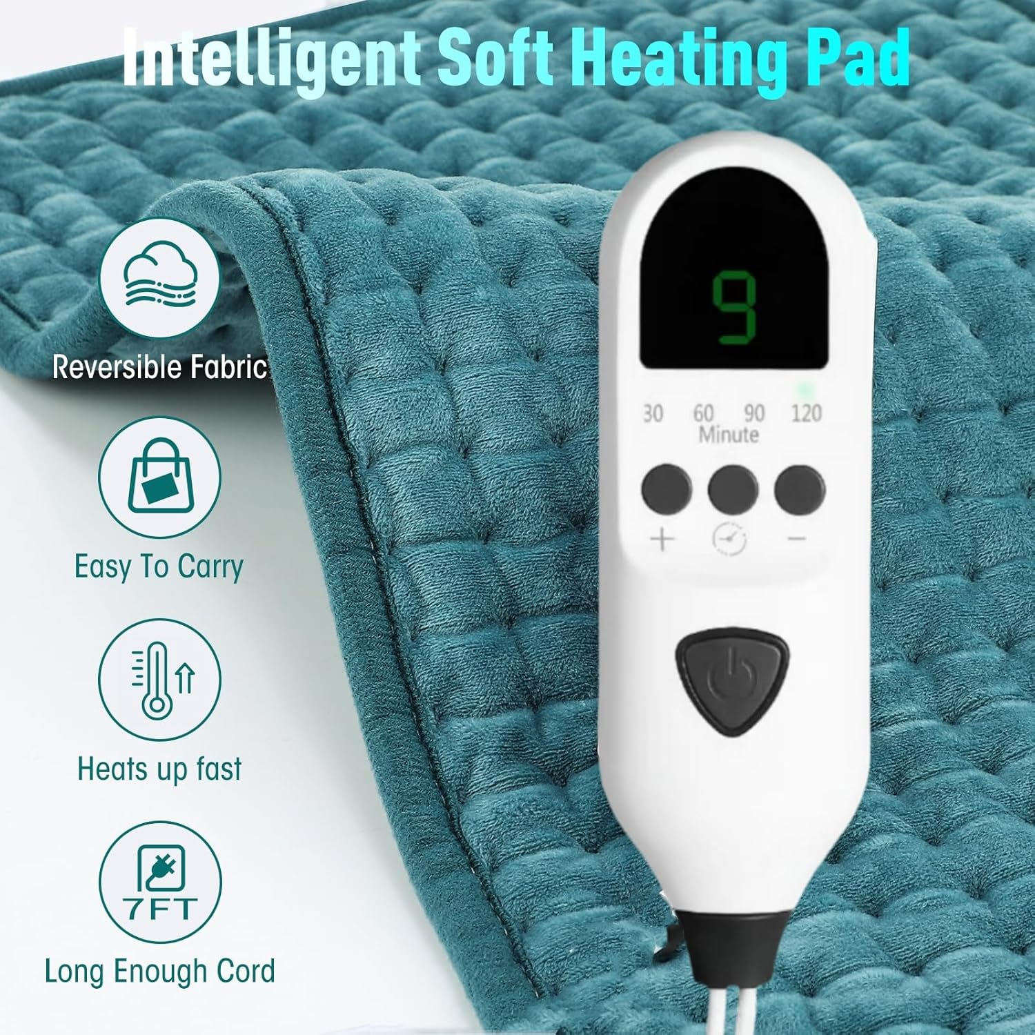 Electric Heating Pad, Soft Heated Pad with LCD Controller, 9 Heating Levels, 4 Gears Timing, Fast Heating & Machine Washable, Great for Back Neck Shoulder Belly Leg Arm, 60Cmx30Cm, Green image number 6