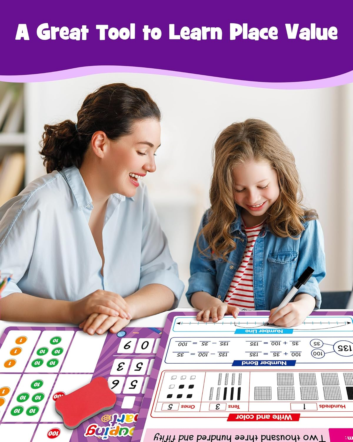 Regrouping Base Ten Place Value, Addition and Subtraction Math Manipulatives for 1St 2Nd 3Rd Grade, Double Sided Magnetic Dry Erase Board for Kids Classroom Must Haves Homeschool Supplies image number 1